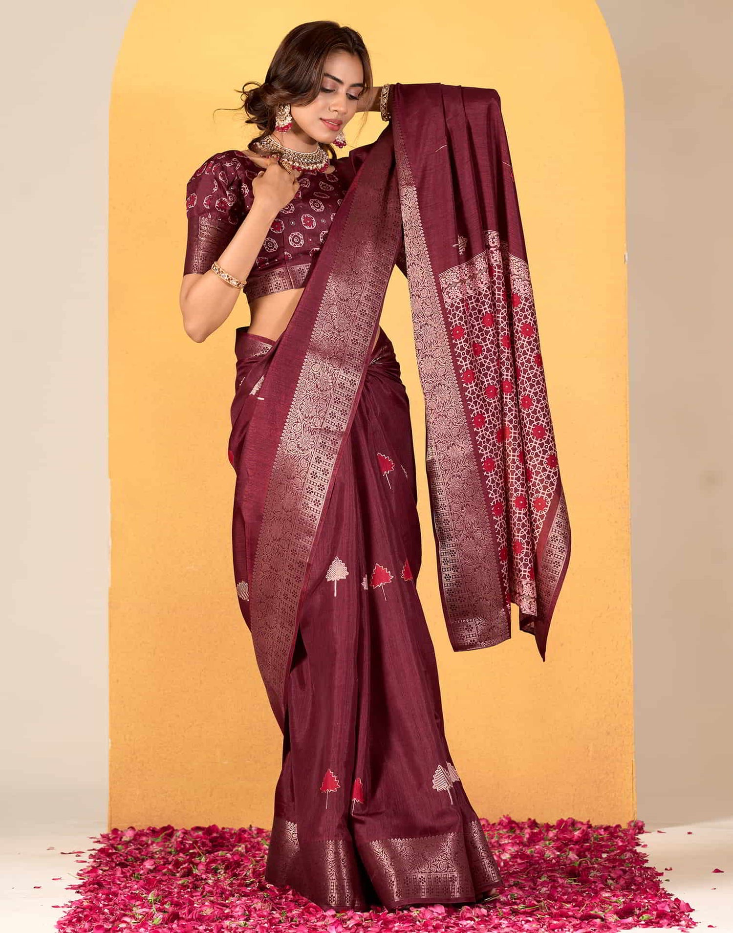 Maroon Silk Printed Saree