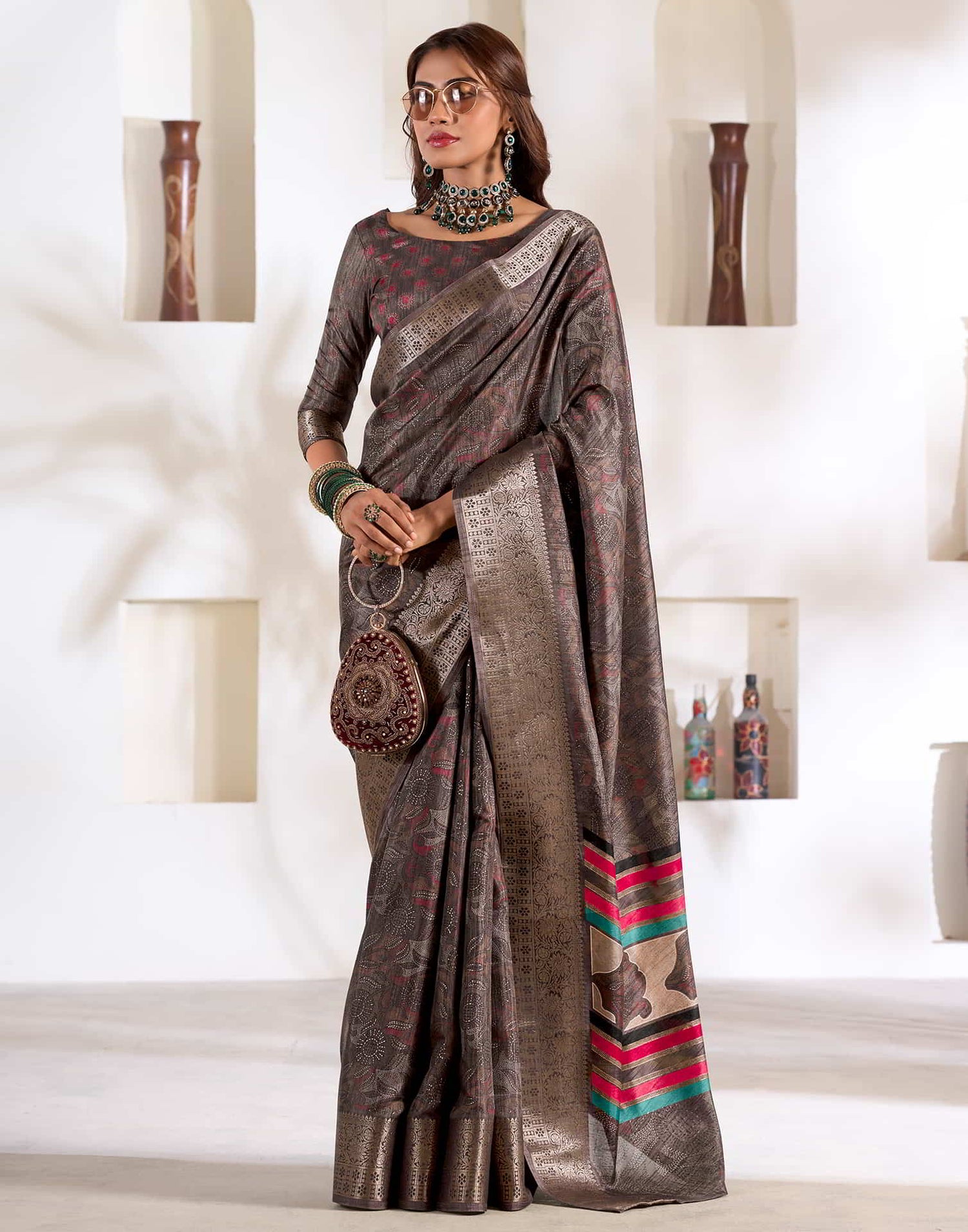 Brown Silk Printed Saree