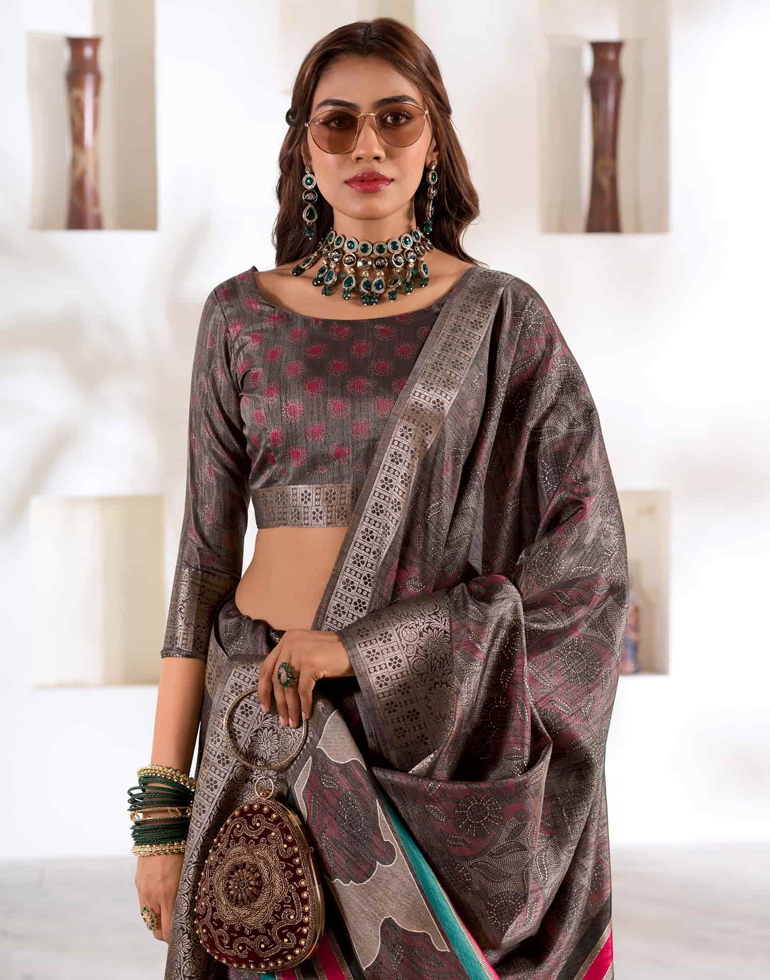 Brown Silk Printed Saree