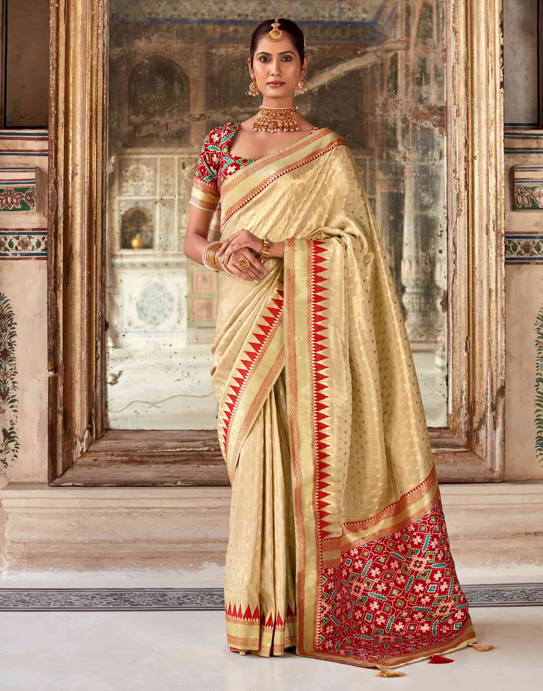 Beige Silk Woven Saree