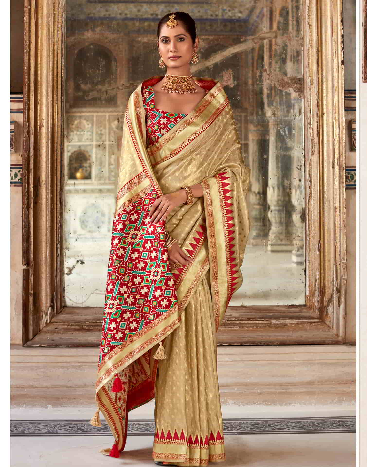 Beige Silk Woven Saree