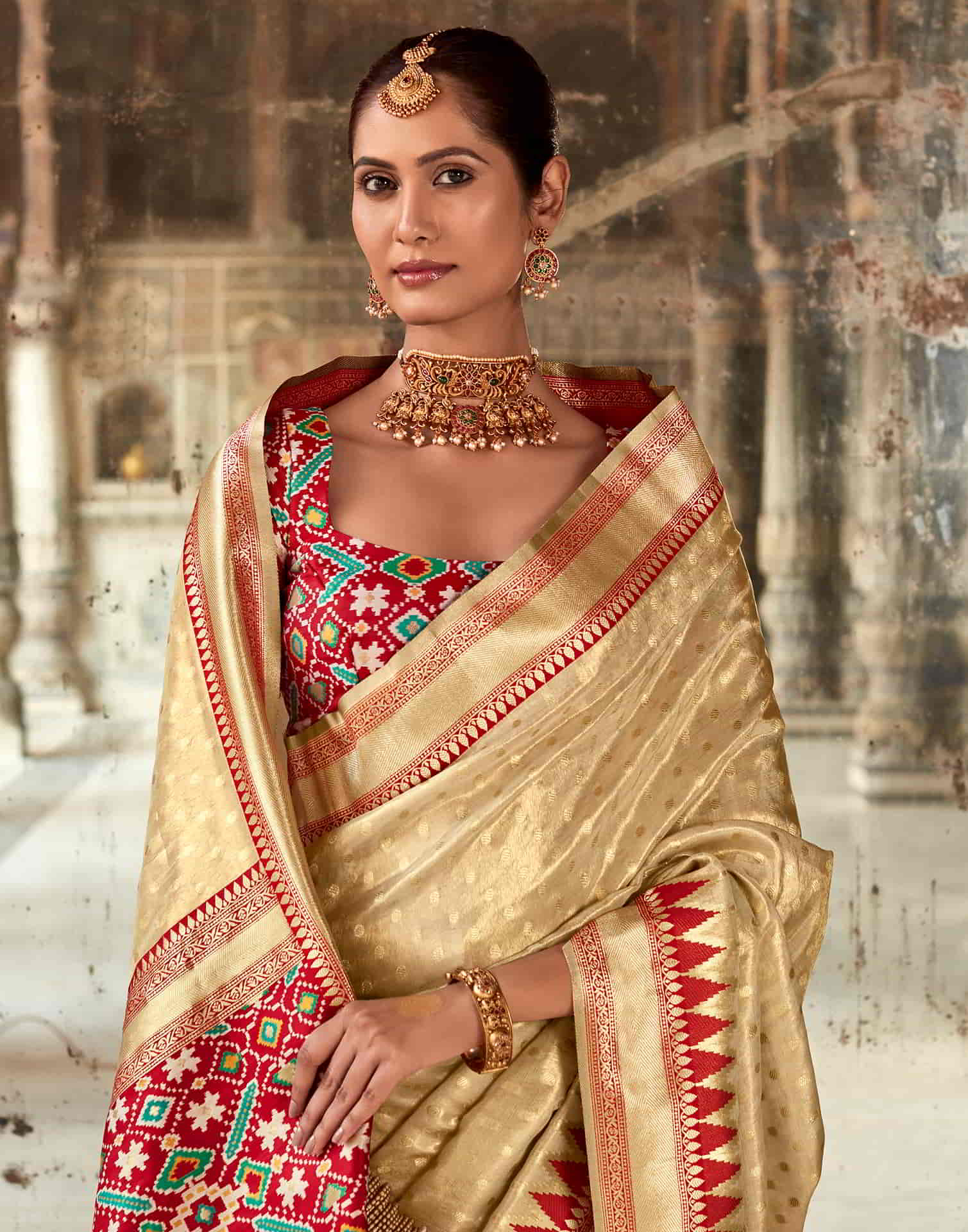 Beige Silk Woven Saree