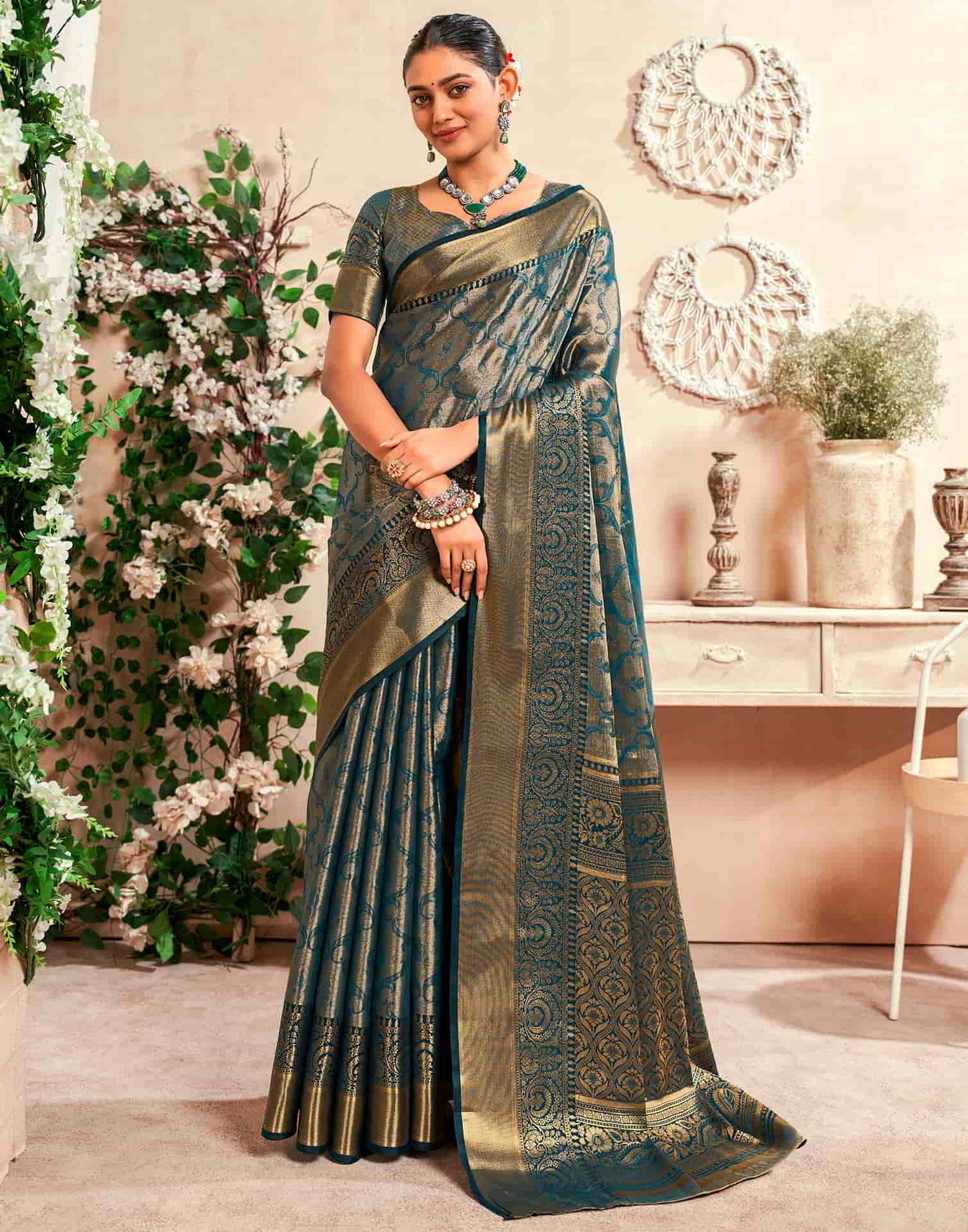 Teal Silk Woven Saree