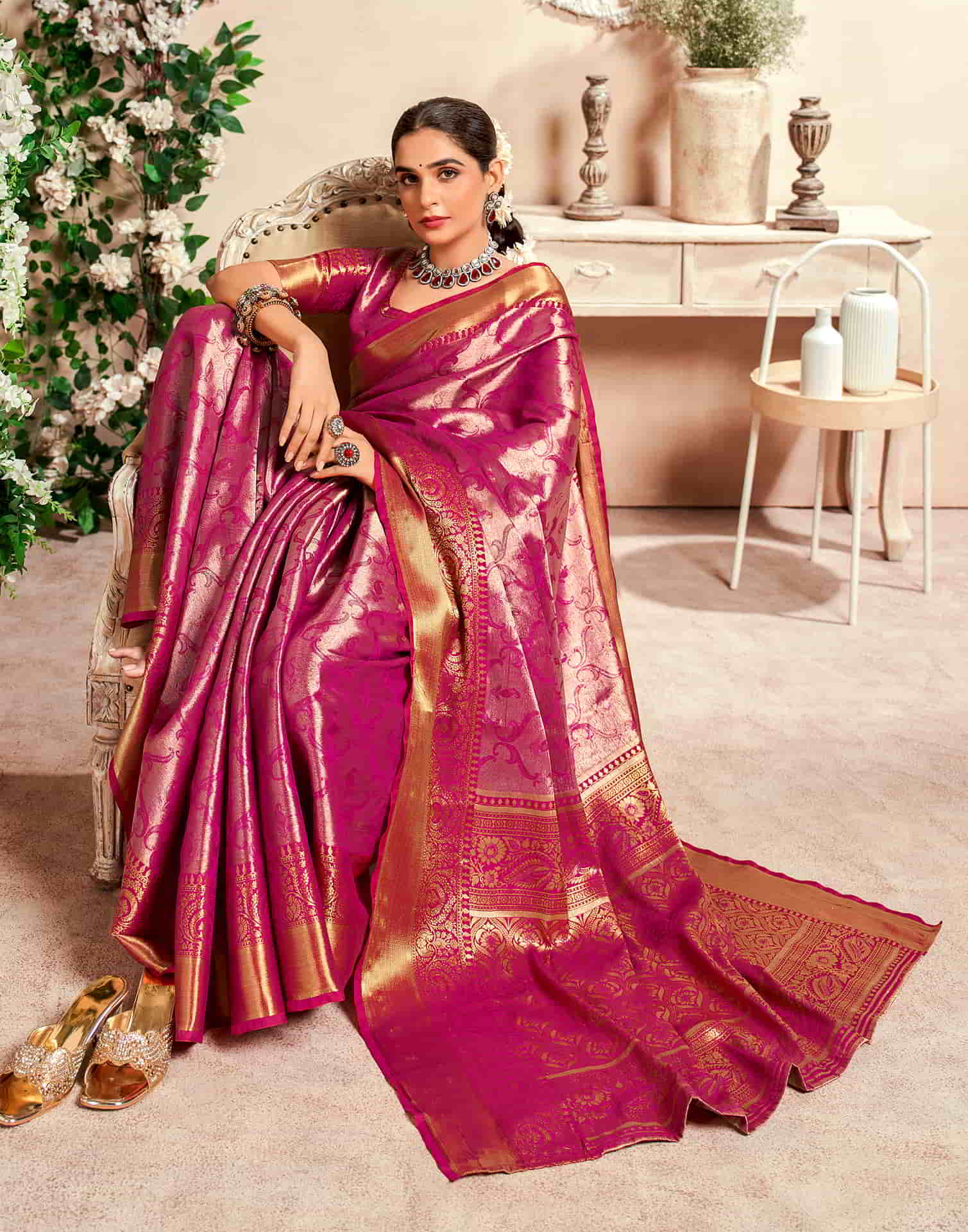 Pink Silk Woven Saree