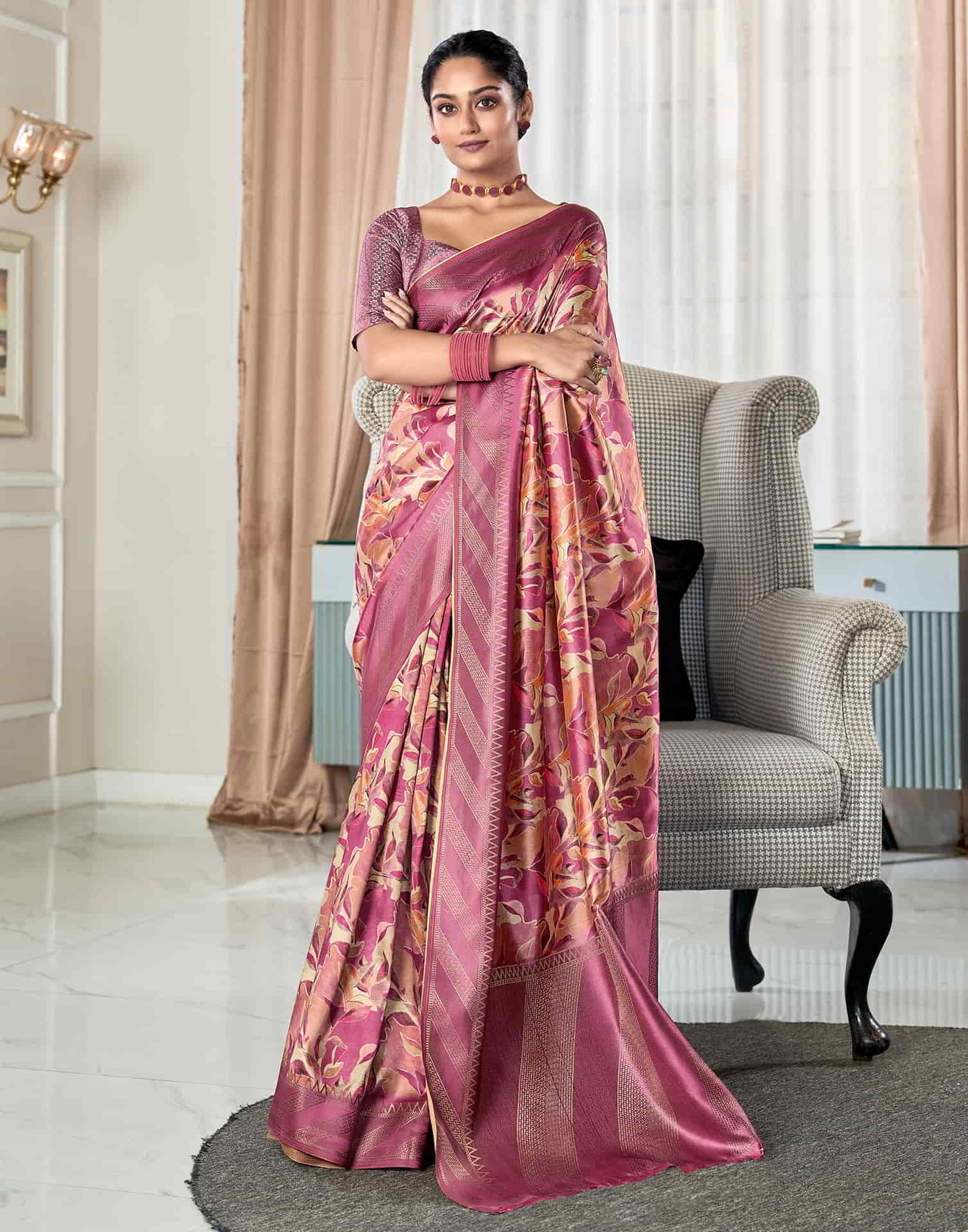 Pink Silk Printed Saree