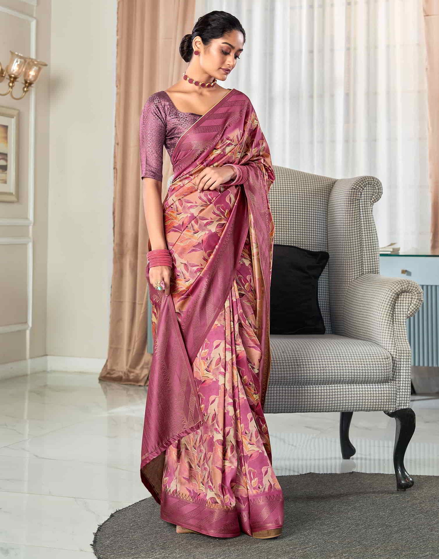 Pink Silk Printed Saree