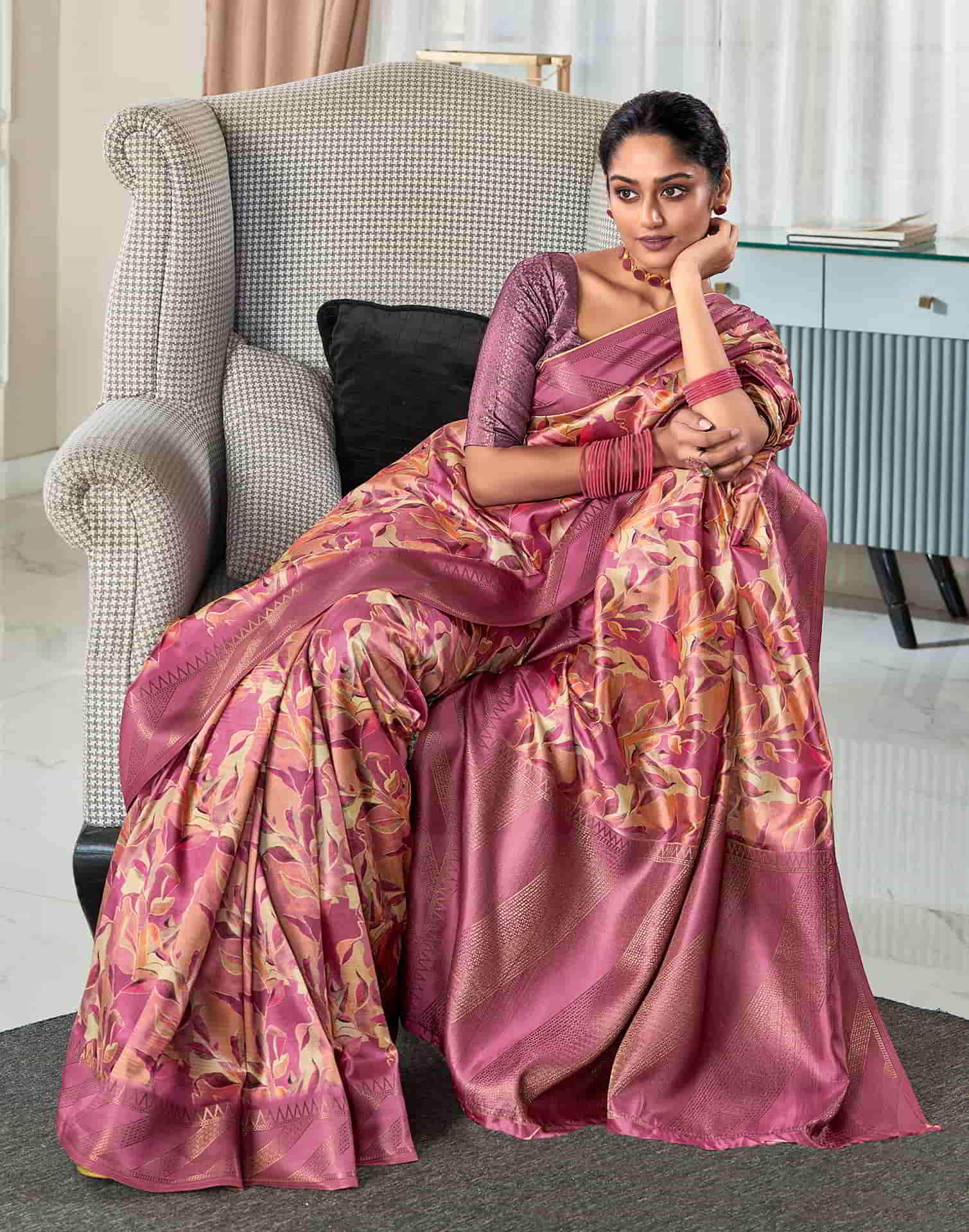 Pink Silk Printed Saree