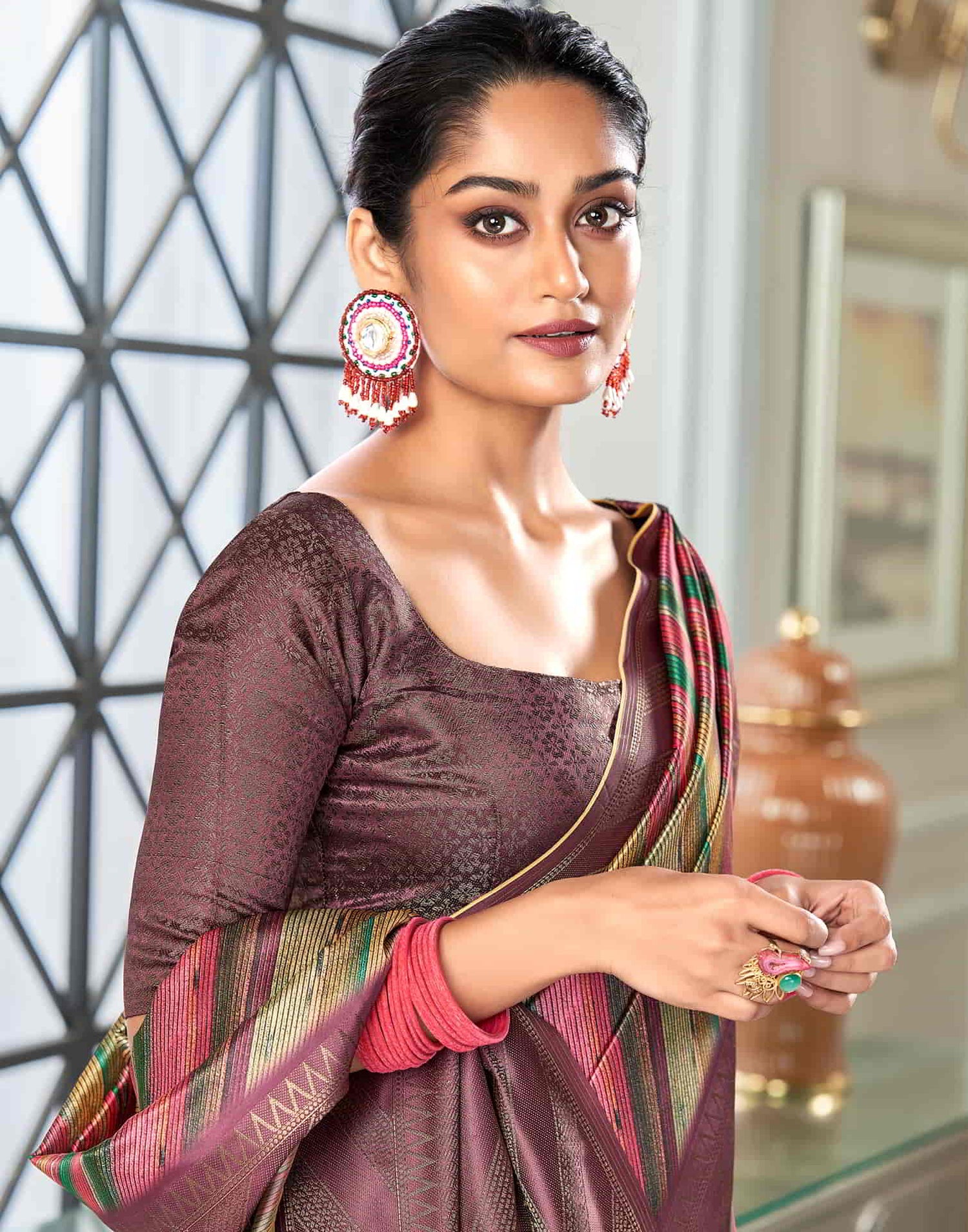 Wine Silk Printed Saree