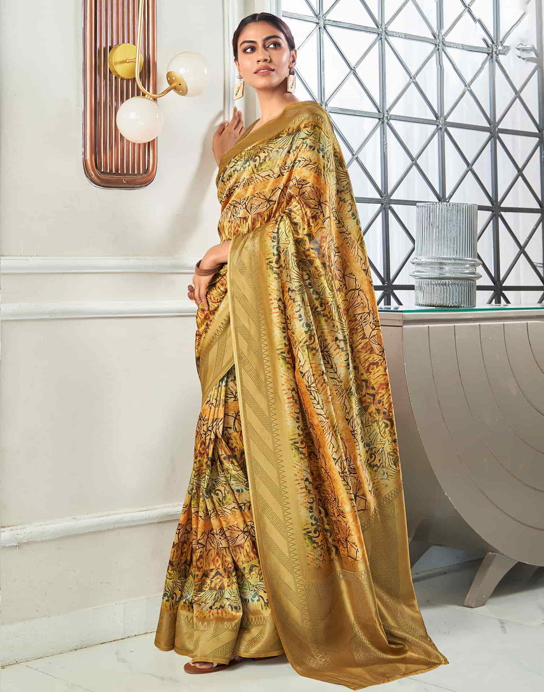 Yellow Silk Printed Saree