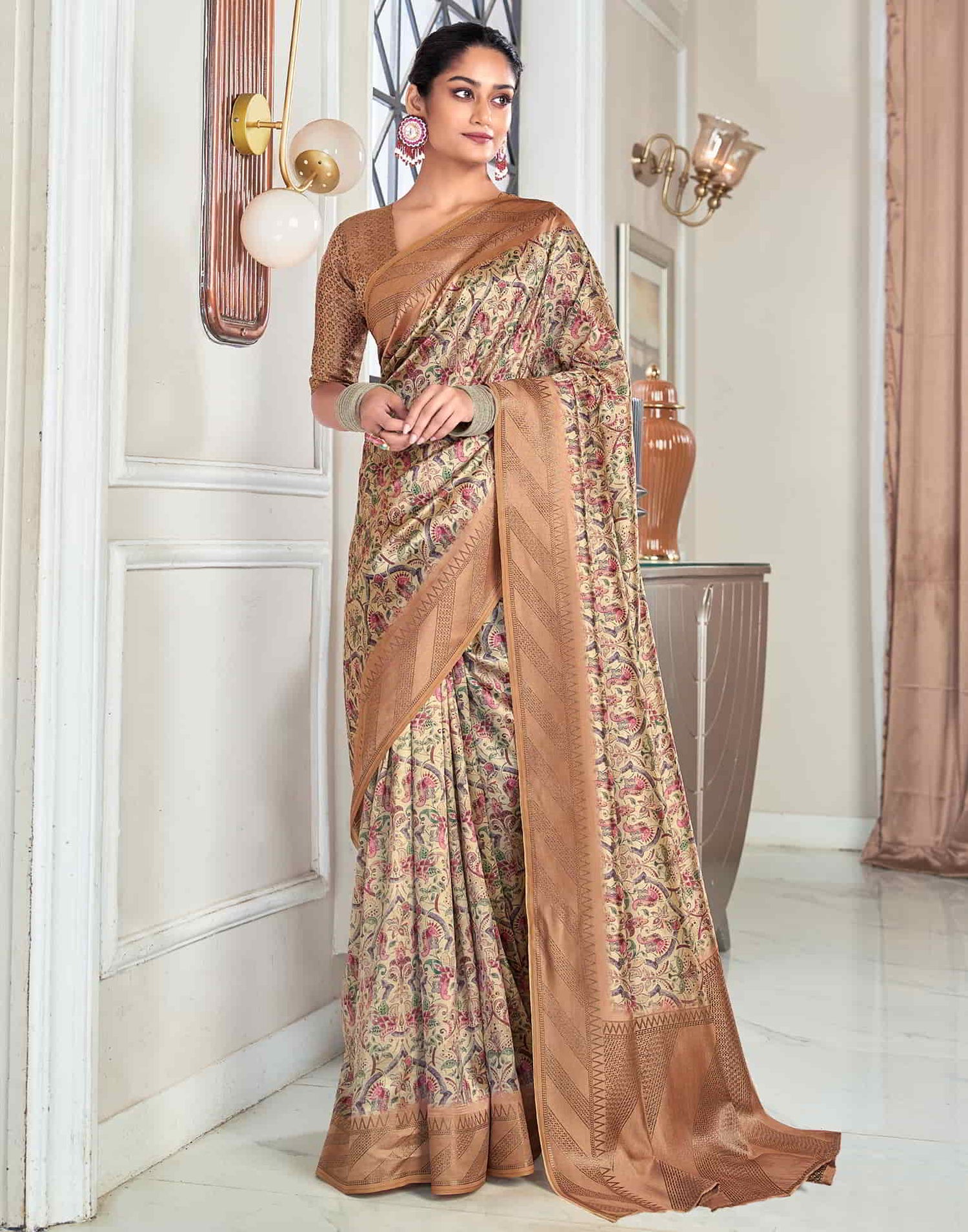 Beige Silk Printed Saree