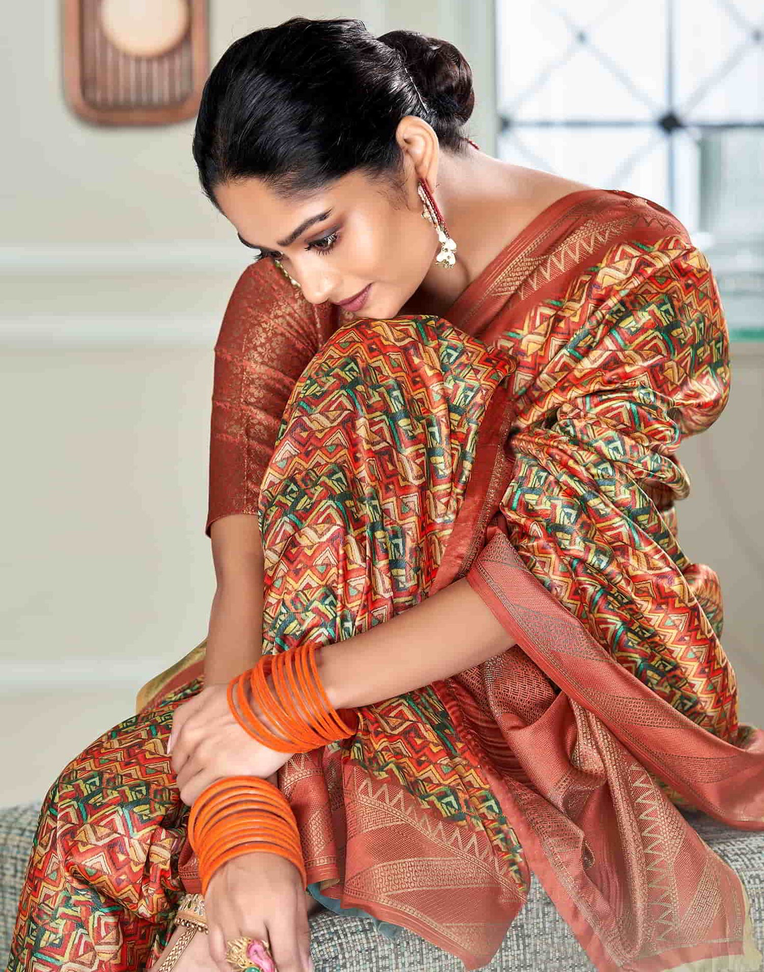 Orange Silk Printed Saree