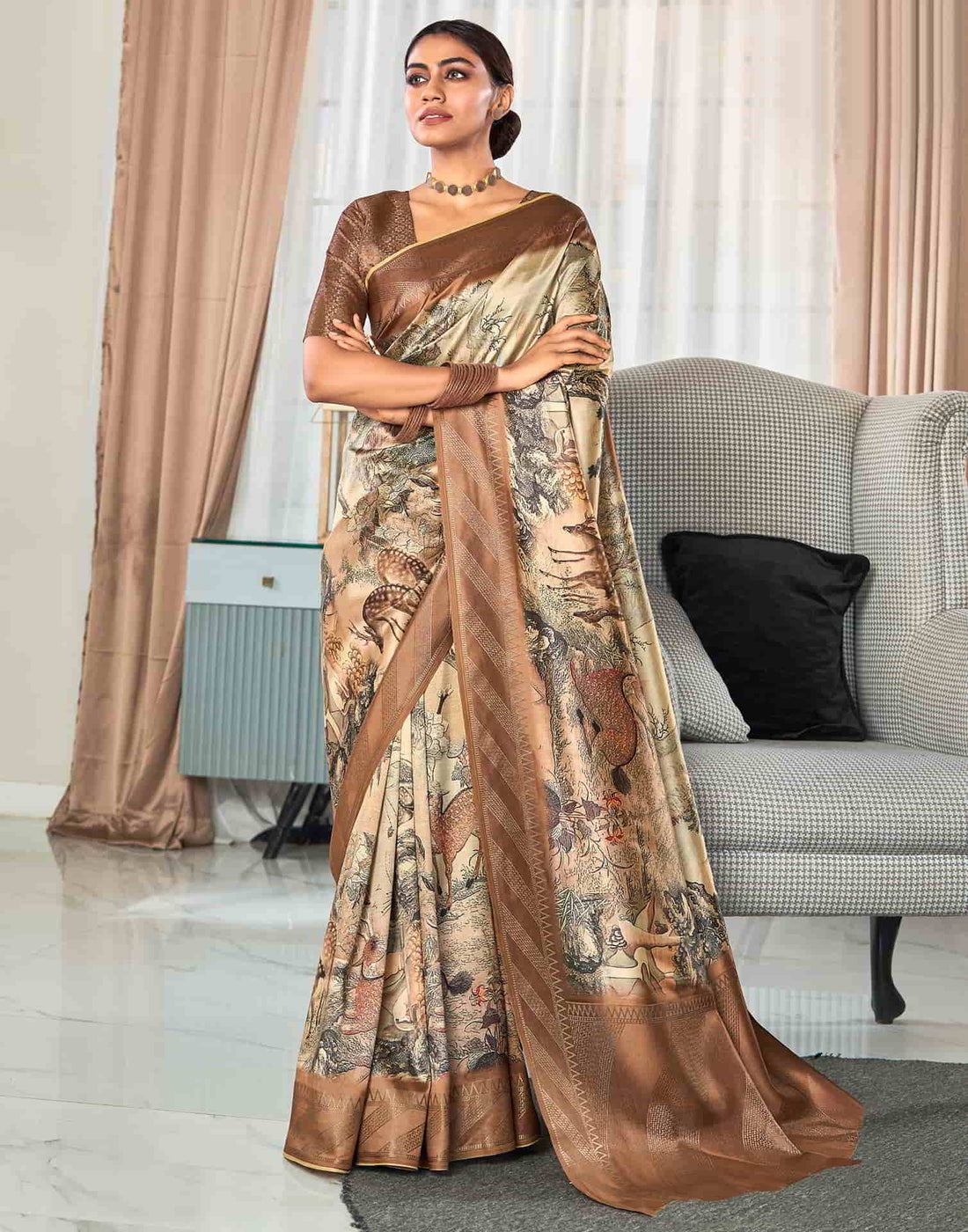 Beige Silk Printed Saree