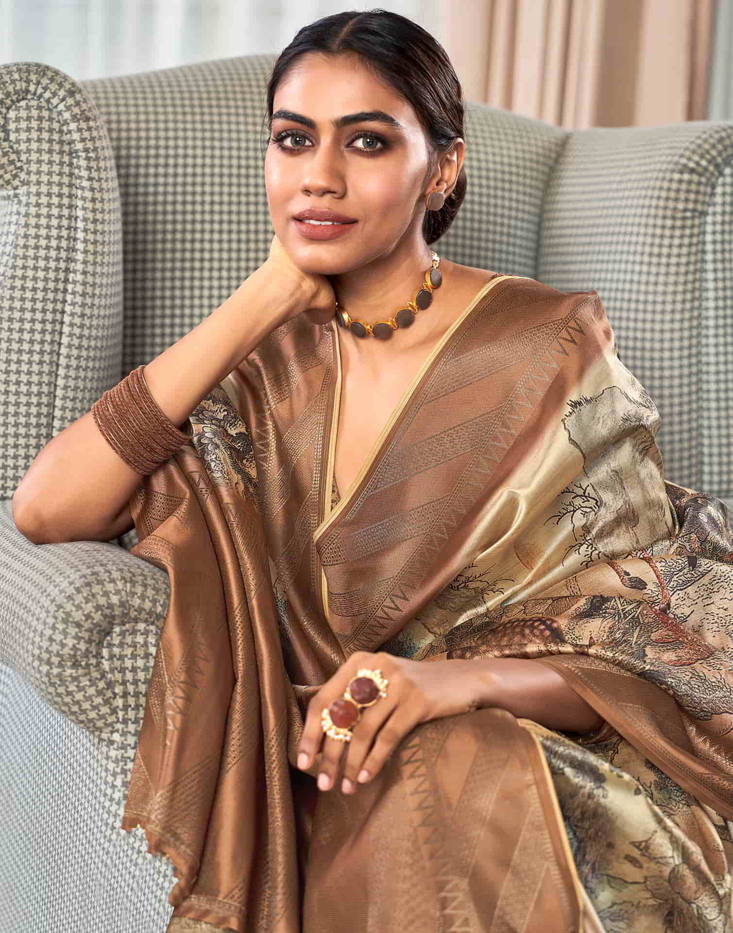 Beige Silk Printed Saree