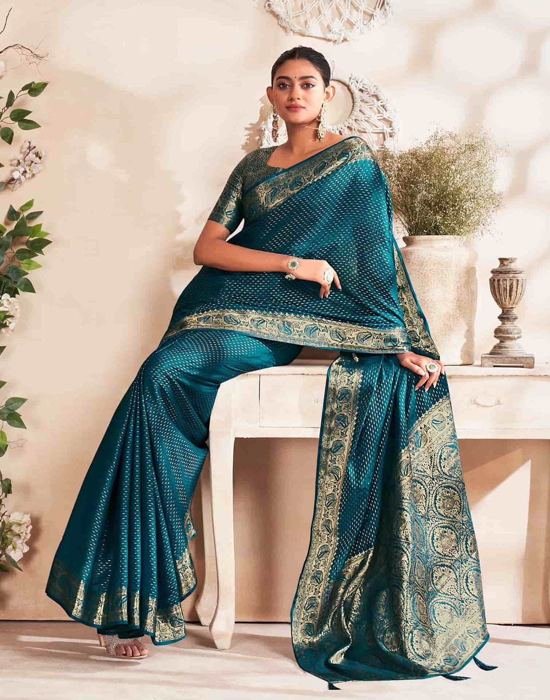 Teal Silk Plain Saree