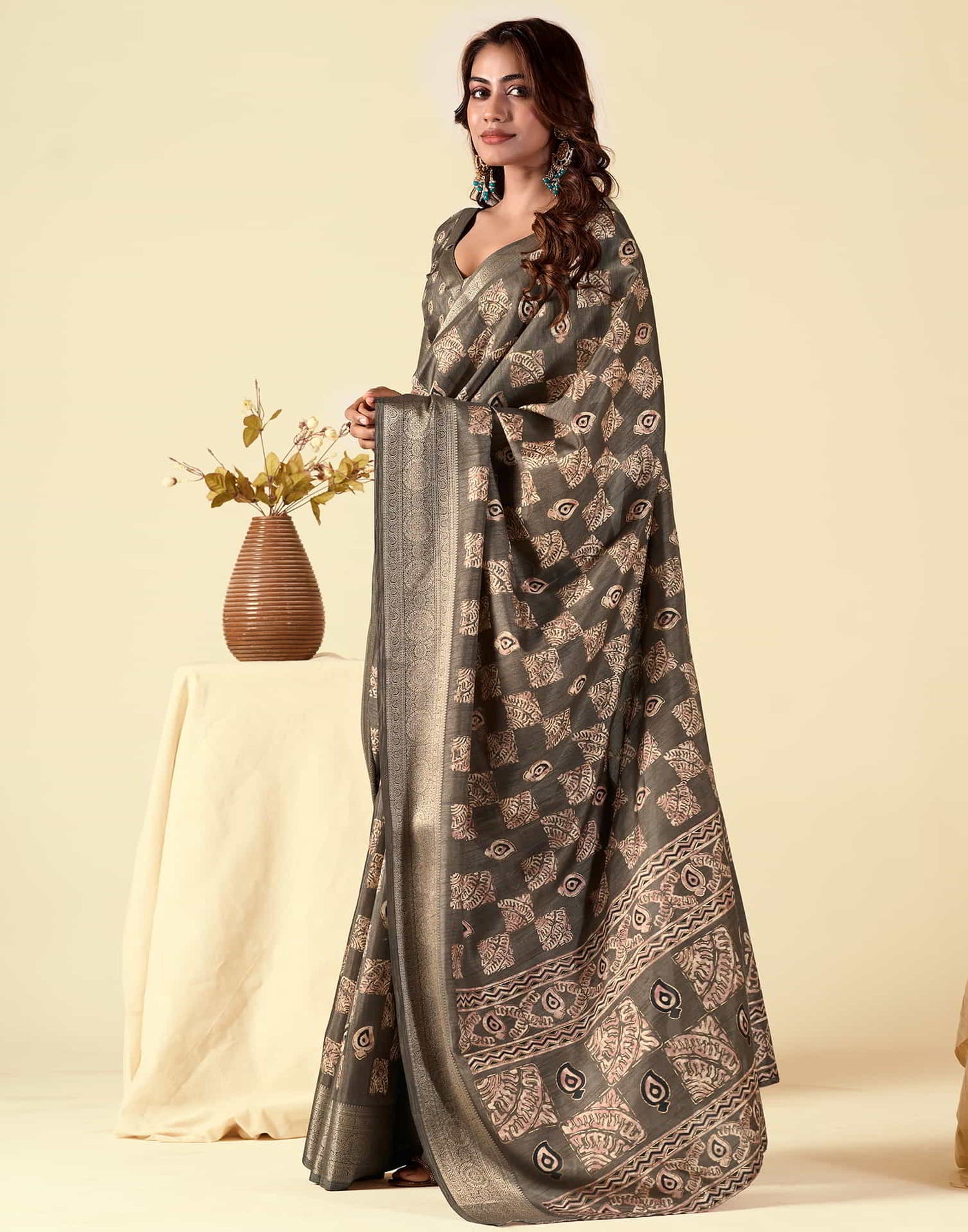 Brown Silk Printed Saree