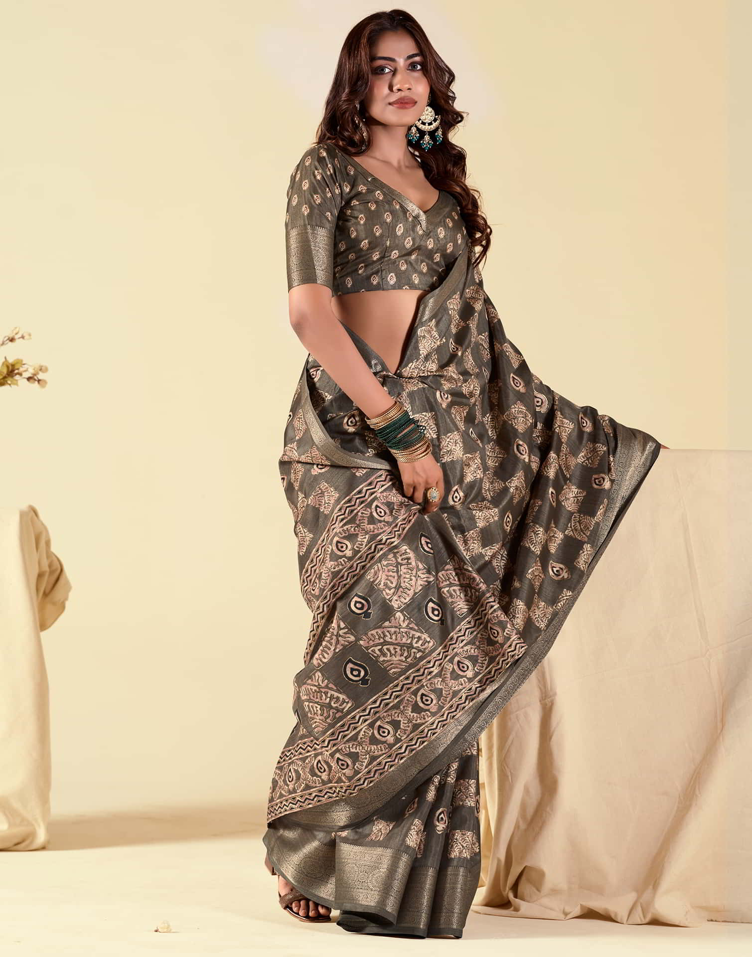 Brown Silk Printed Saree