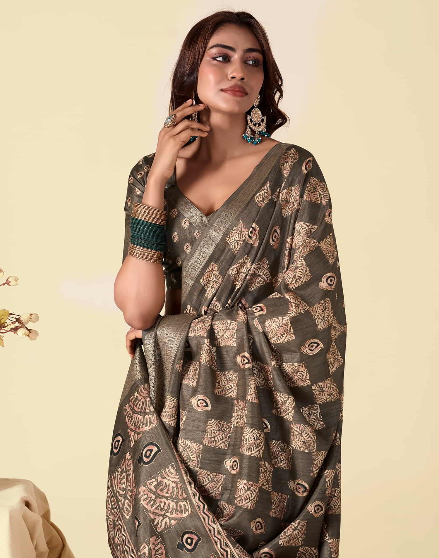 Brown Silk Printed Saree