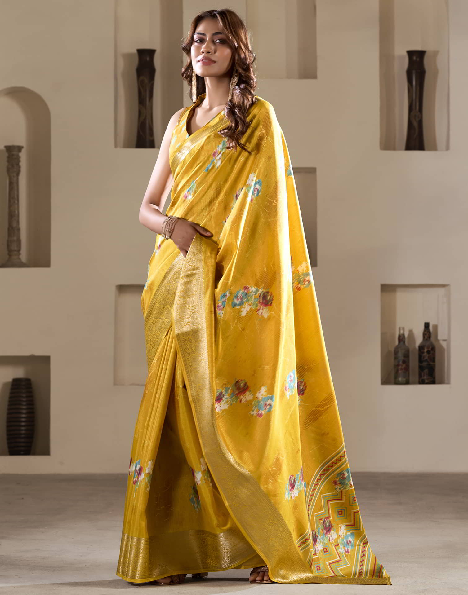 Yellow Silk Printed Saree