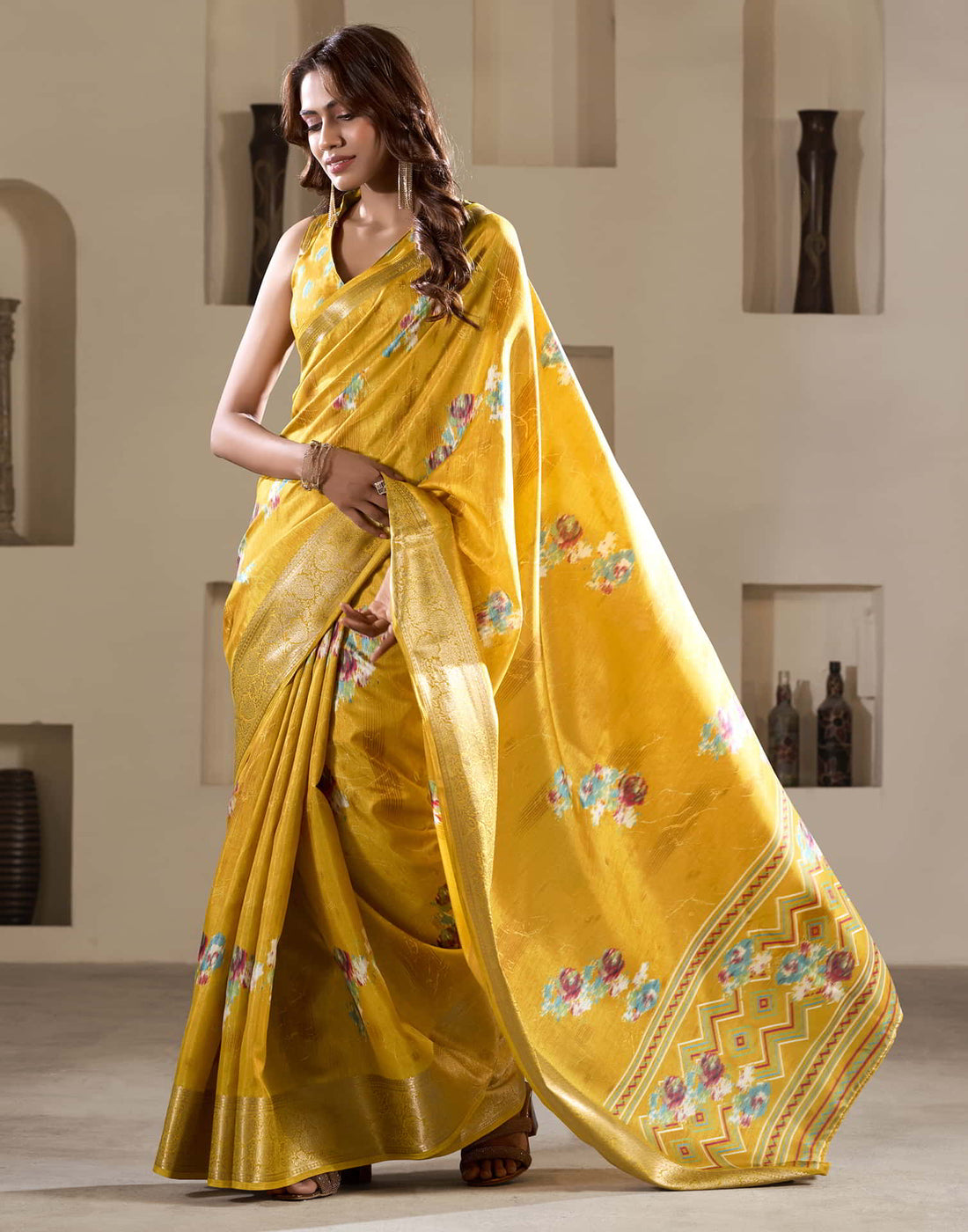 Yellow Silk Printed Saree