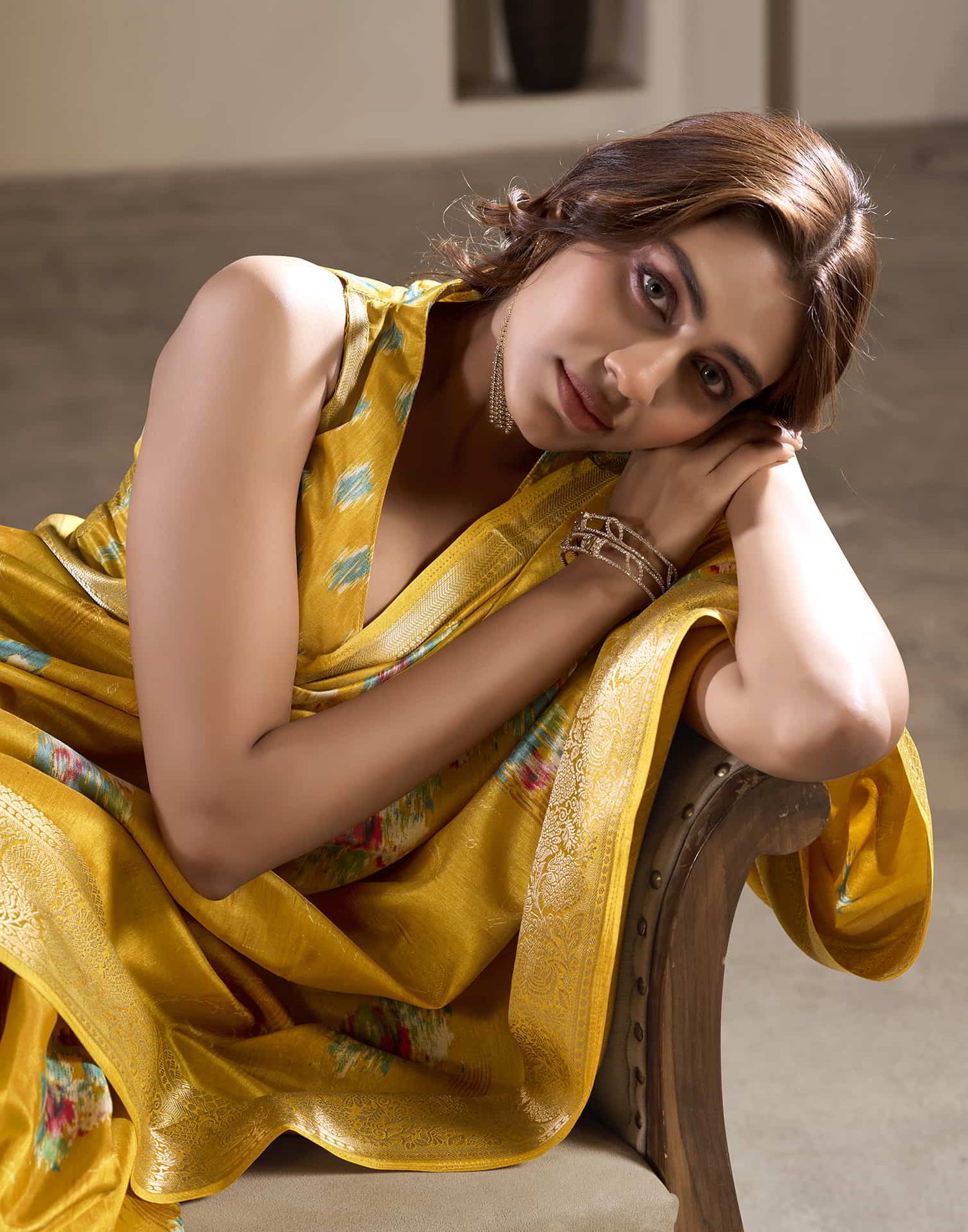 Yellow Silk Printed Saree