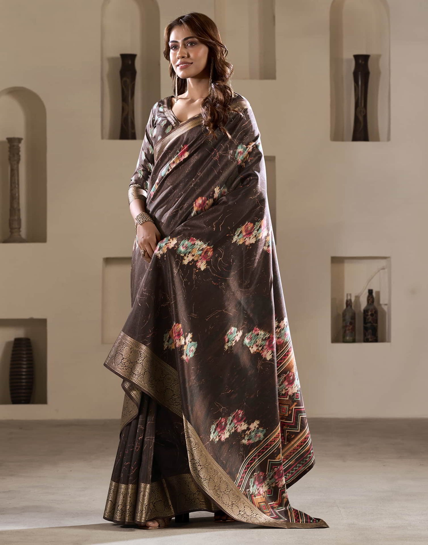 Brown Silk Printed Saree