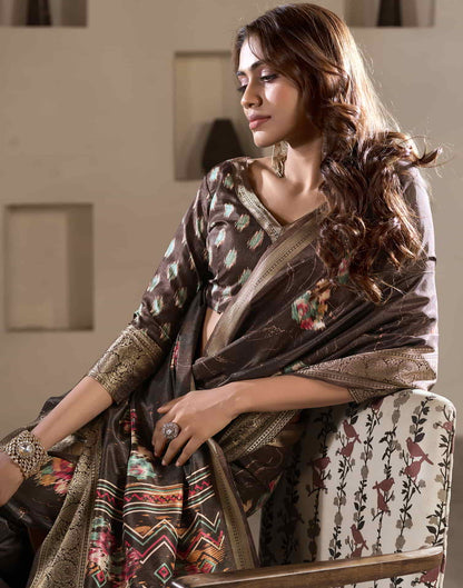 Brown Silk Printed Saree