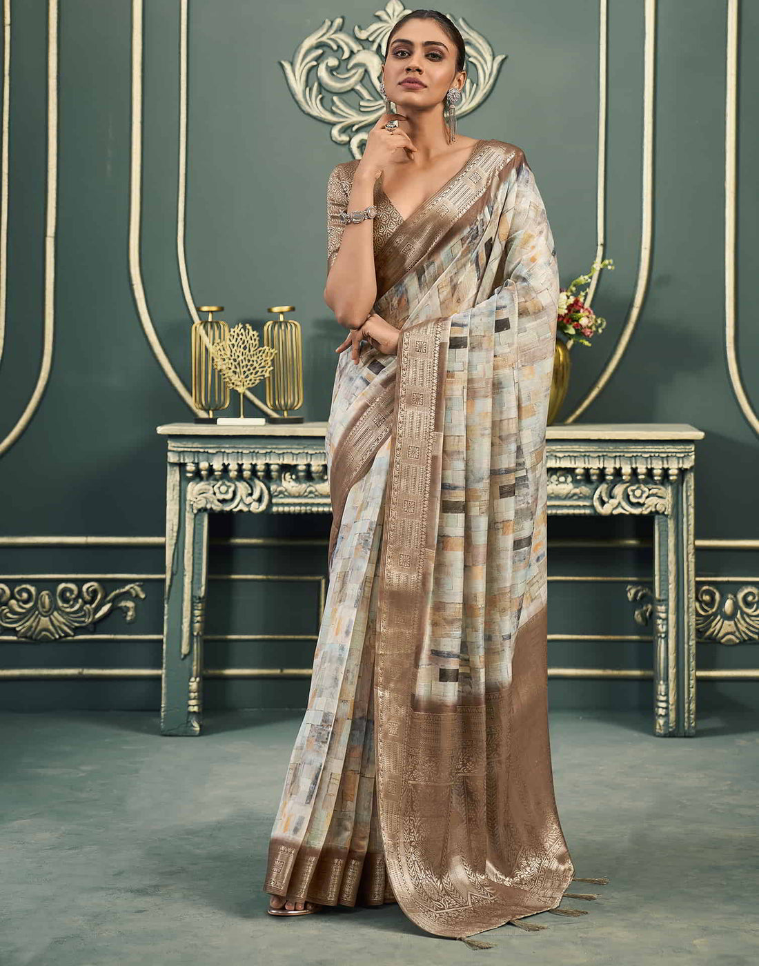 Cream Cotton Printed Saree