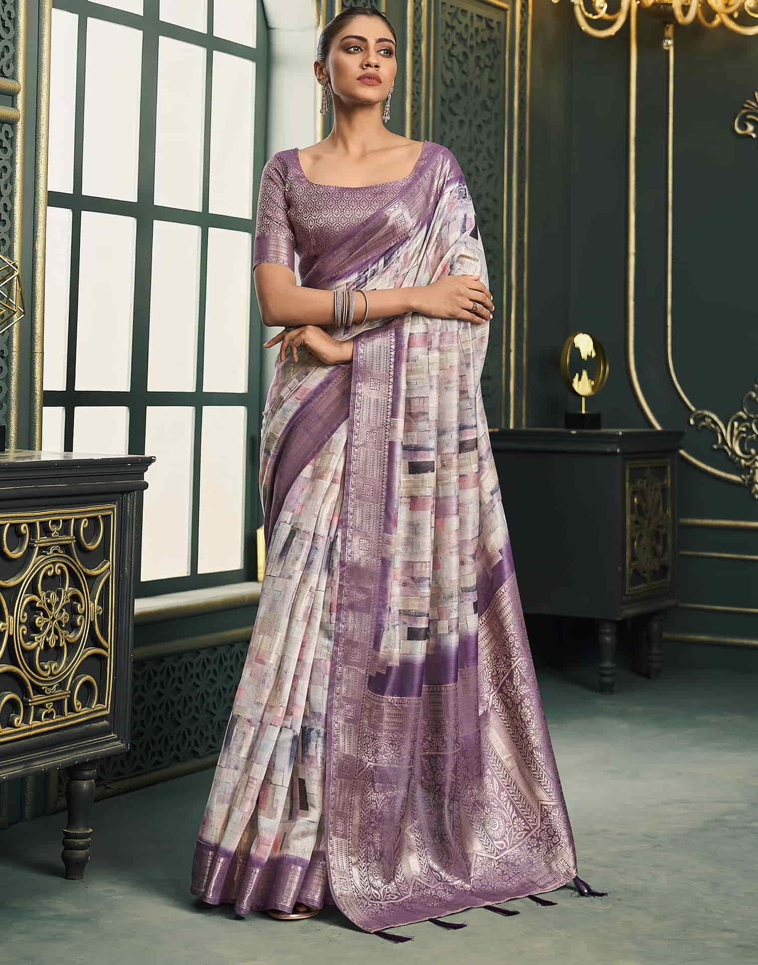 Cream Cotton Printed Saree