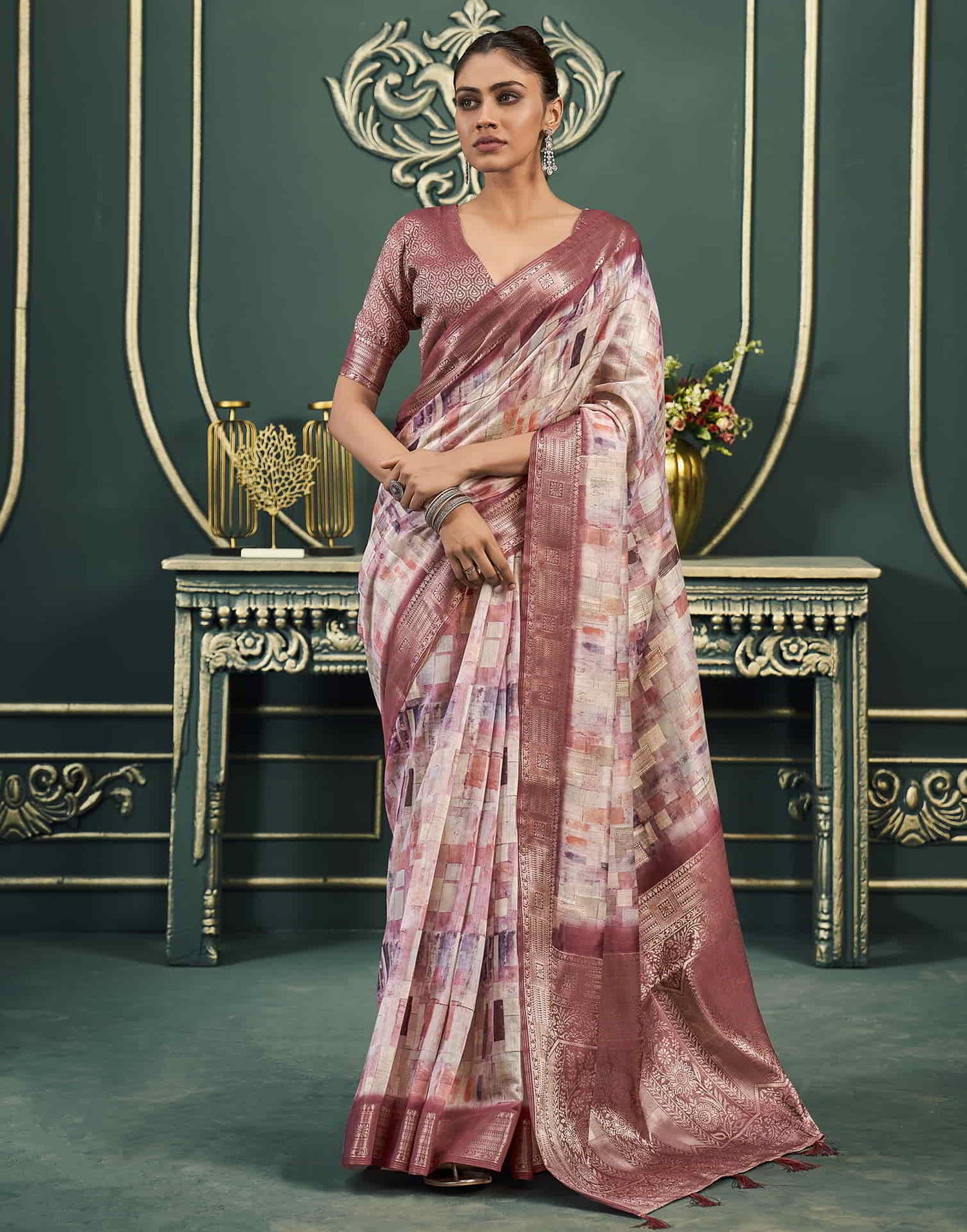 Cream Cotton Printed Saree