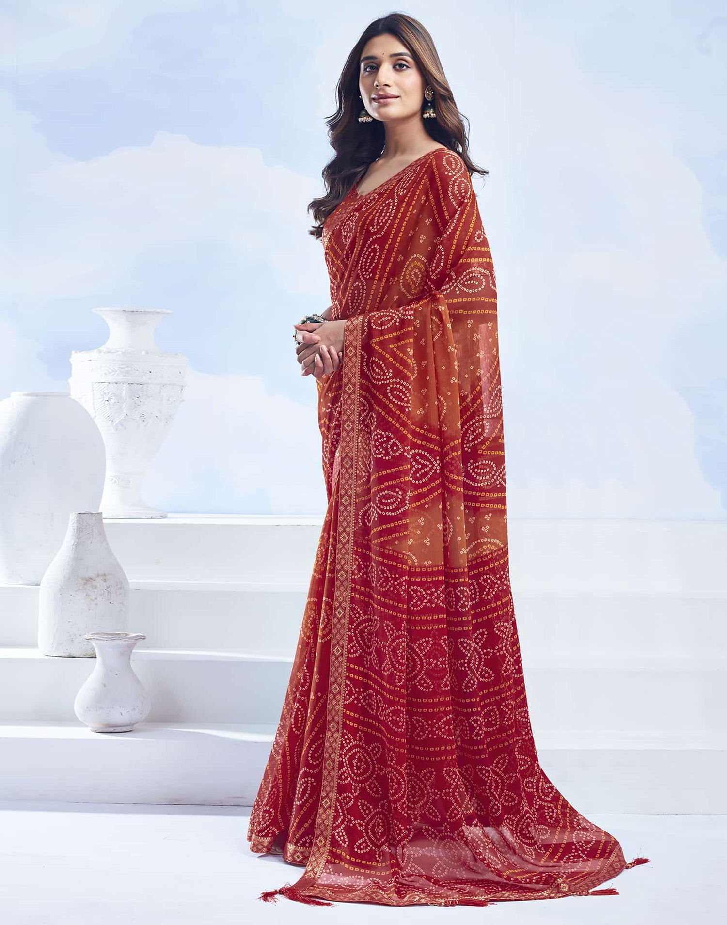 Red Bandhani Chiffon Saree