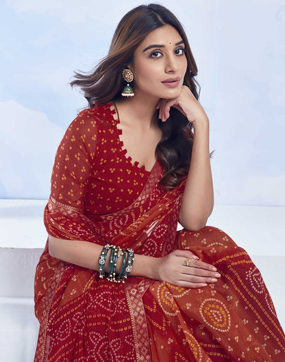 Red Bandhani Chiffon Saree