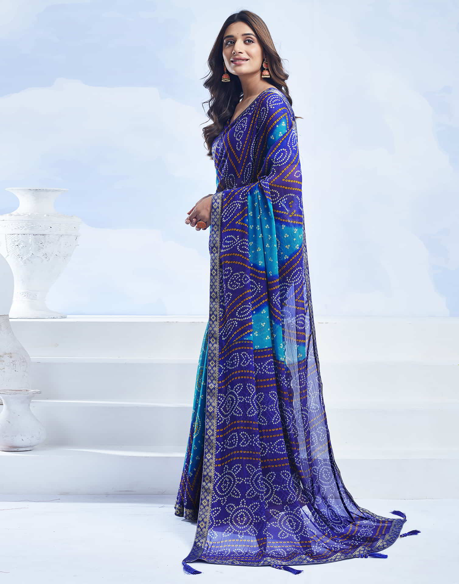 Blue Bandhani Chiffon Saree