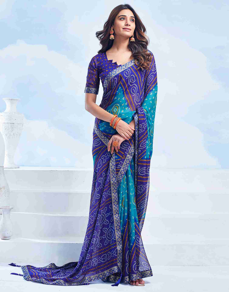 Dark Blue Chiffon Printed Bandhani Saree