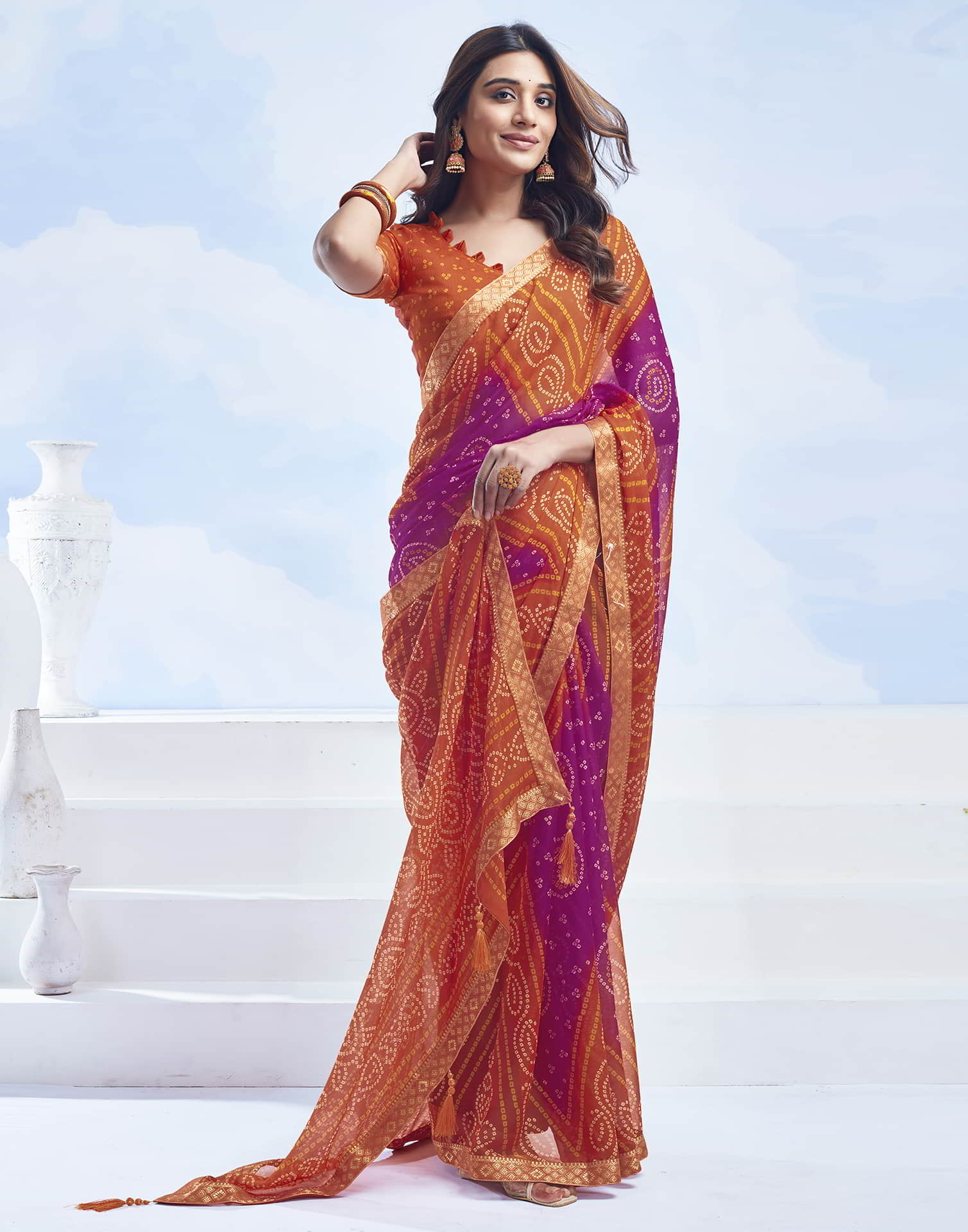 Orange Bandhani Chiffon Saree