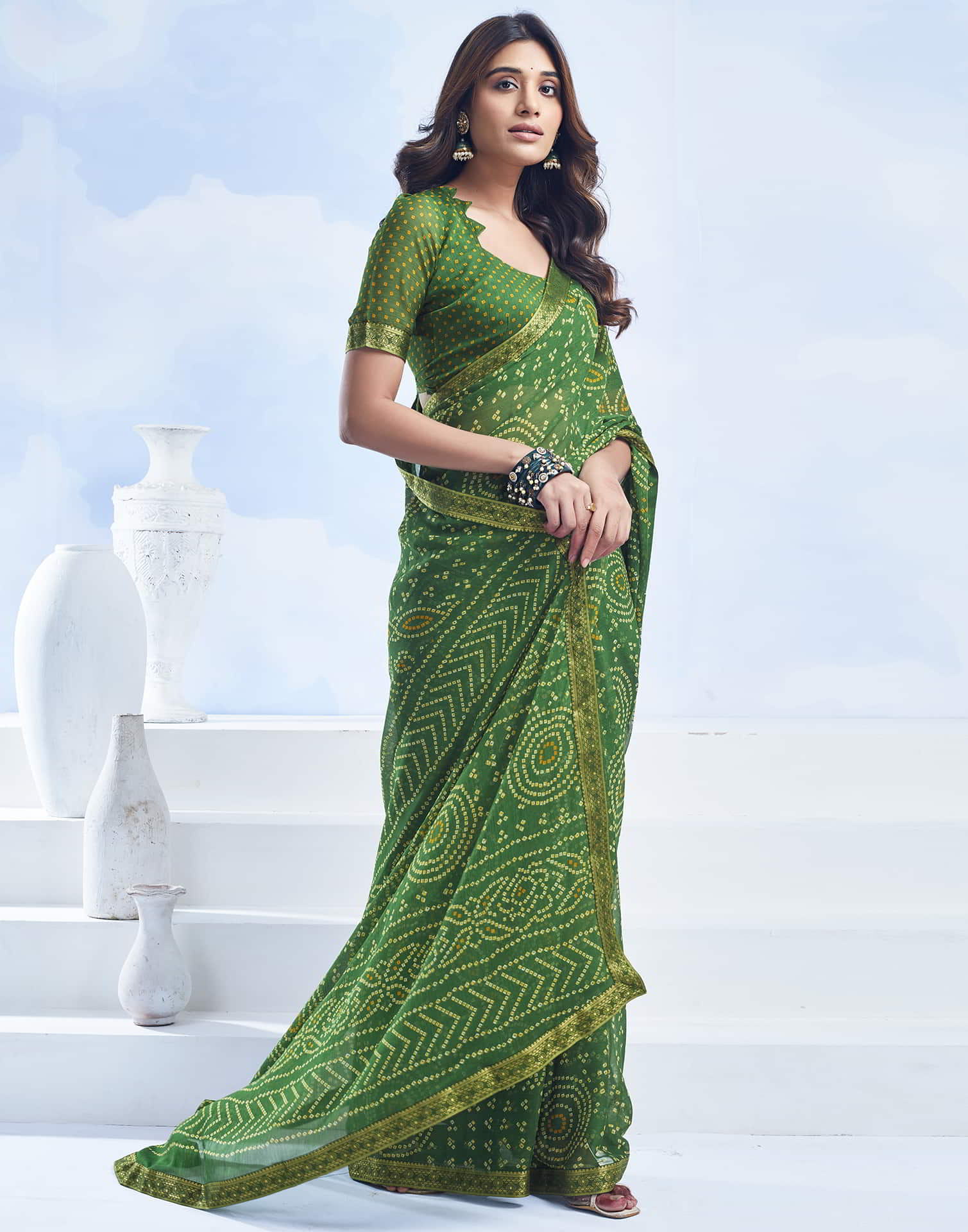 Green Bandhani Chiffon Saree