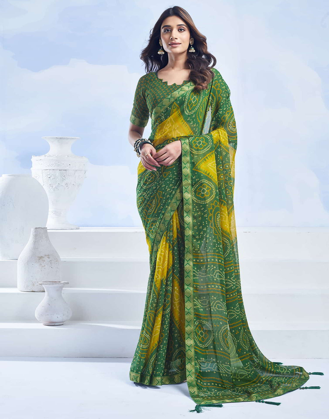 Green Bandhani Chiffon Saree