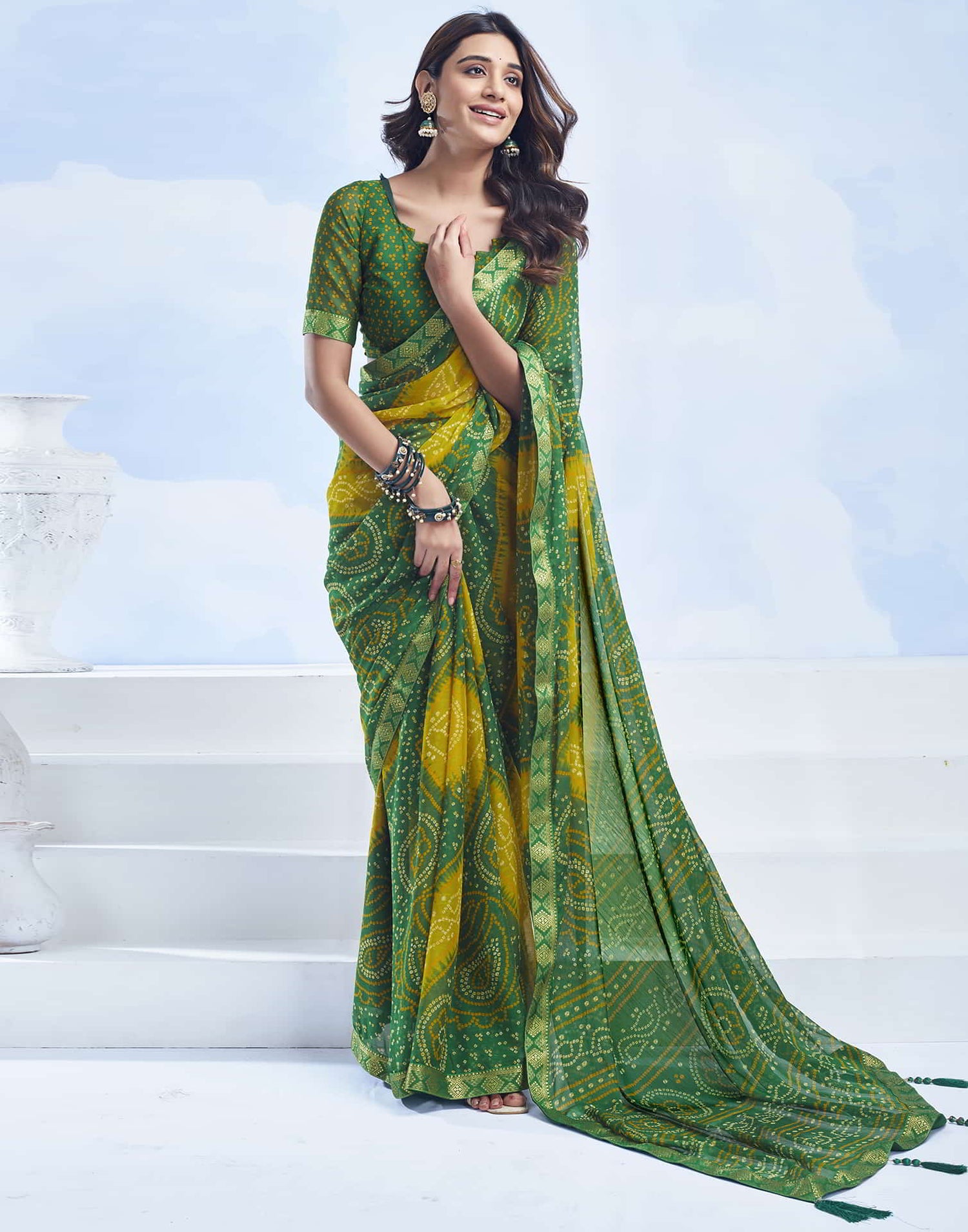 Green Bandhani Chiffon Saree