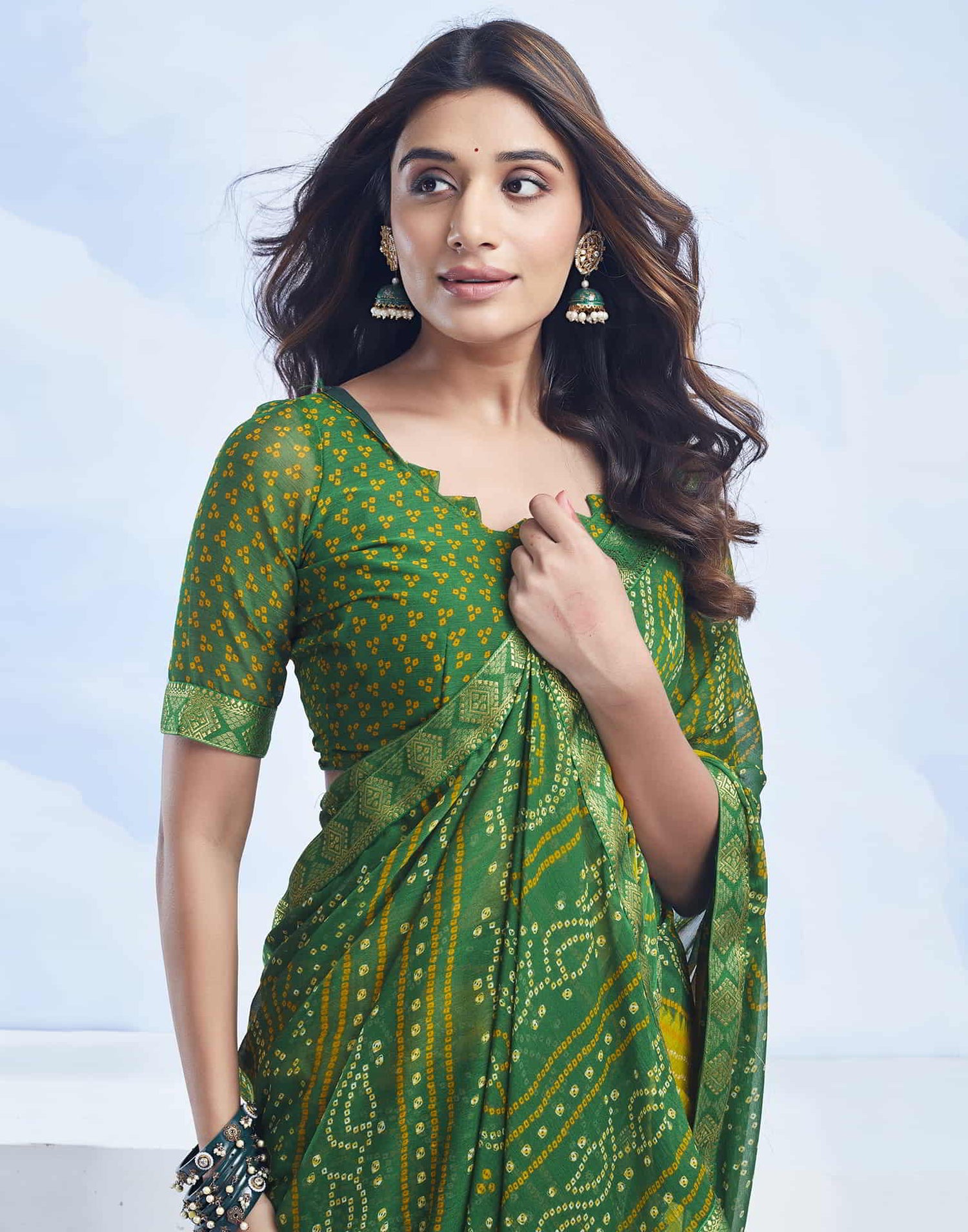 Green Bandhani Chiffon Saree