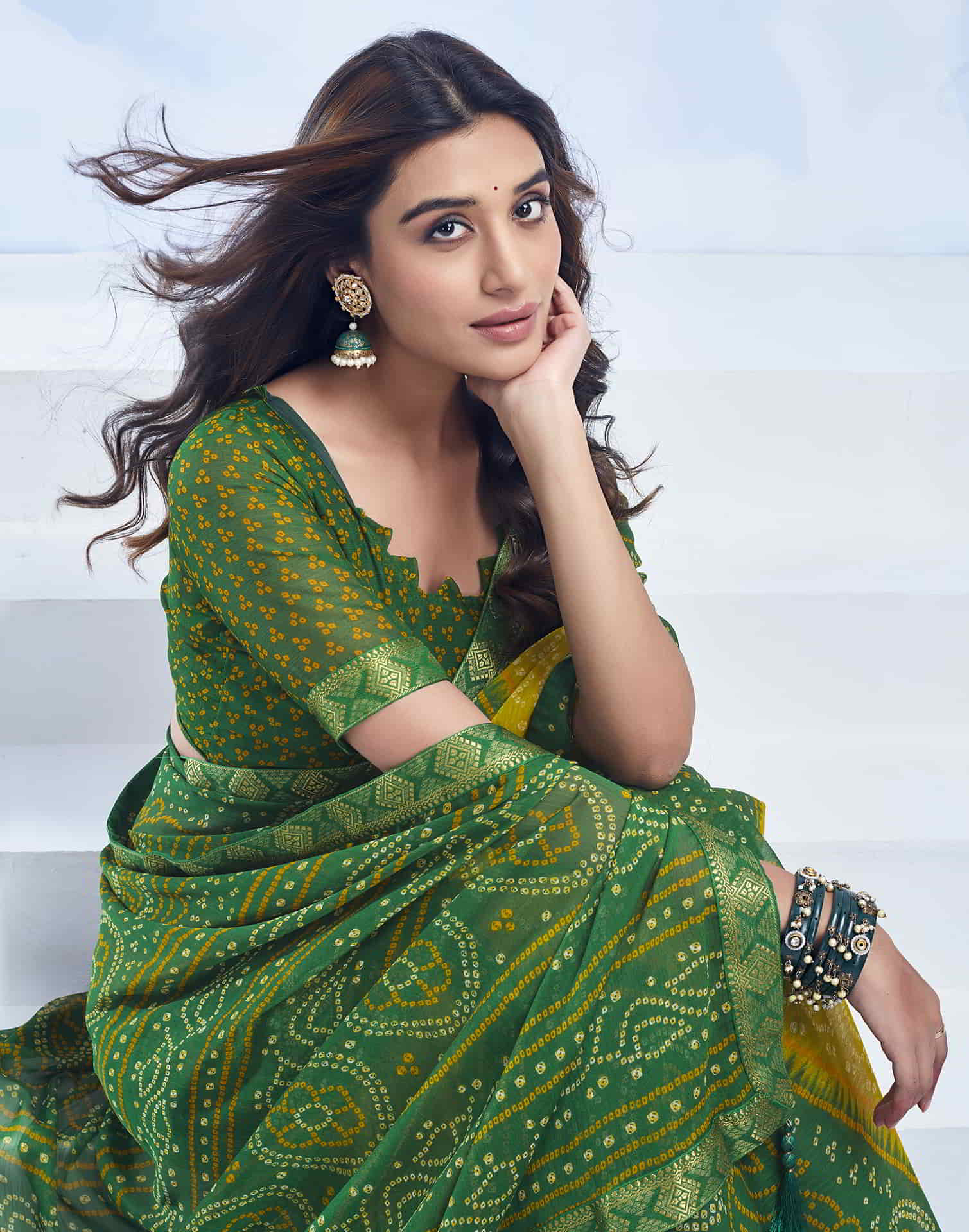 Green Bandhani Chiffon Saree