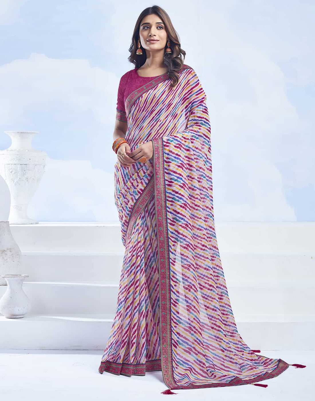 White Printed Chiffon Leheriya Saree