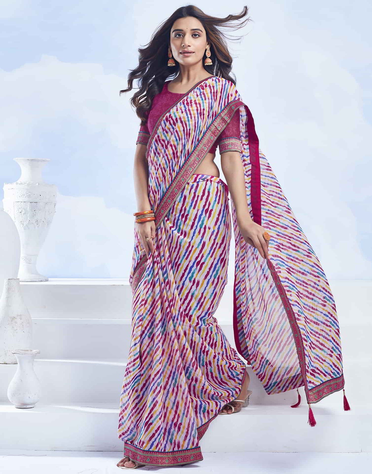 White Printed Chiffon Leheriya Saree