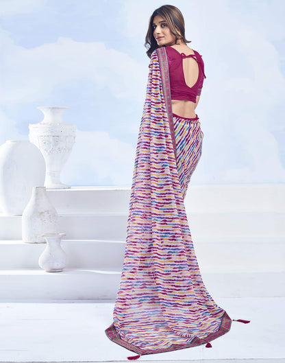 White Printed Chiffon Leheriya Saree