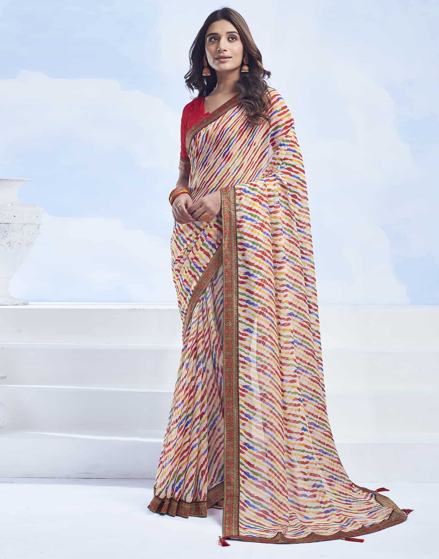 Cream Printed Chiffon Leheriya Saree