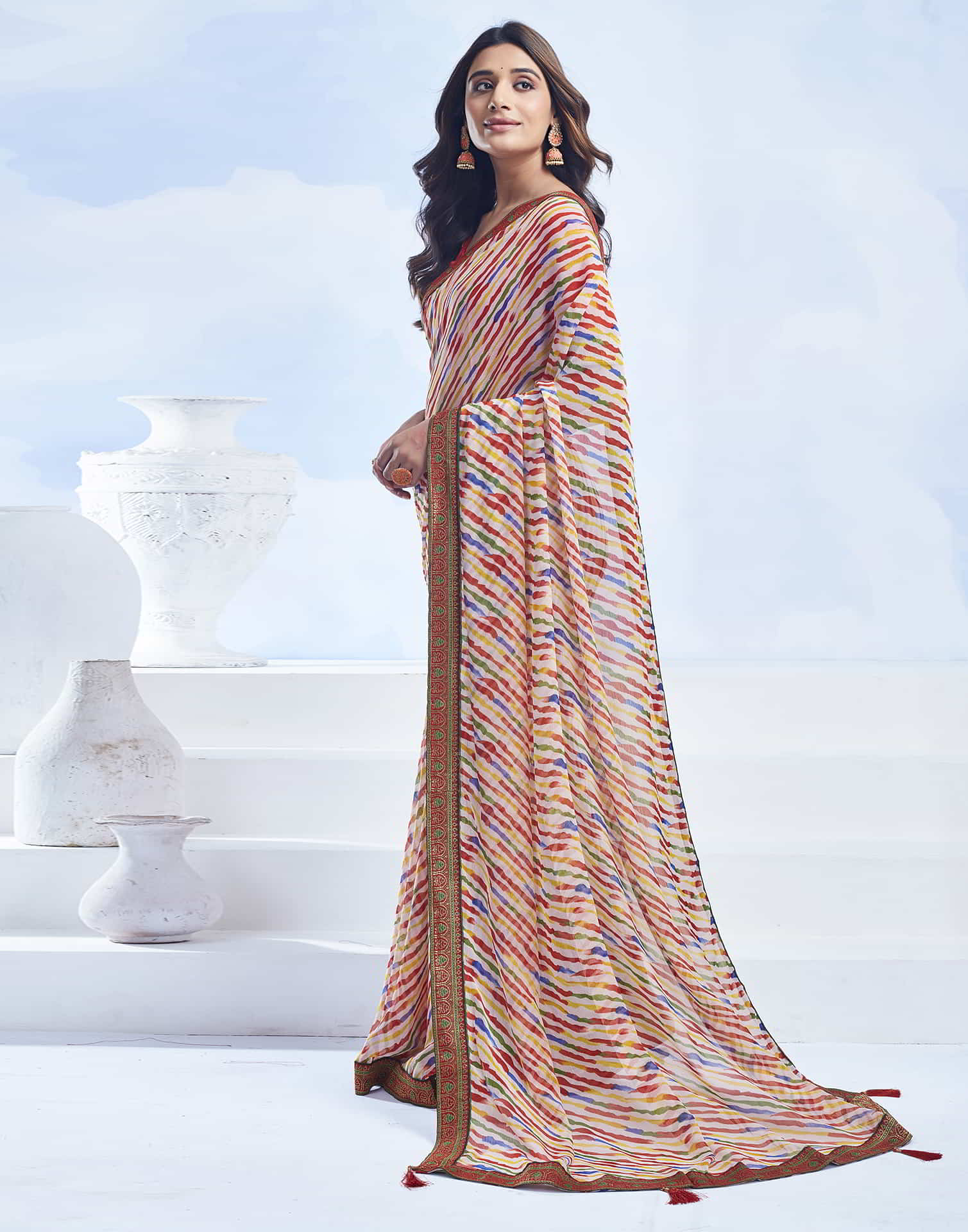 Cream Printed Chiffon Leheriya Saree