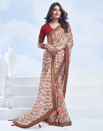 Cream Printed Chiffon Leheriya Saree