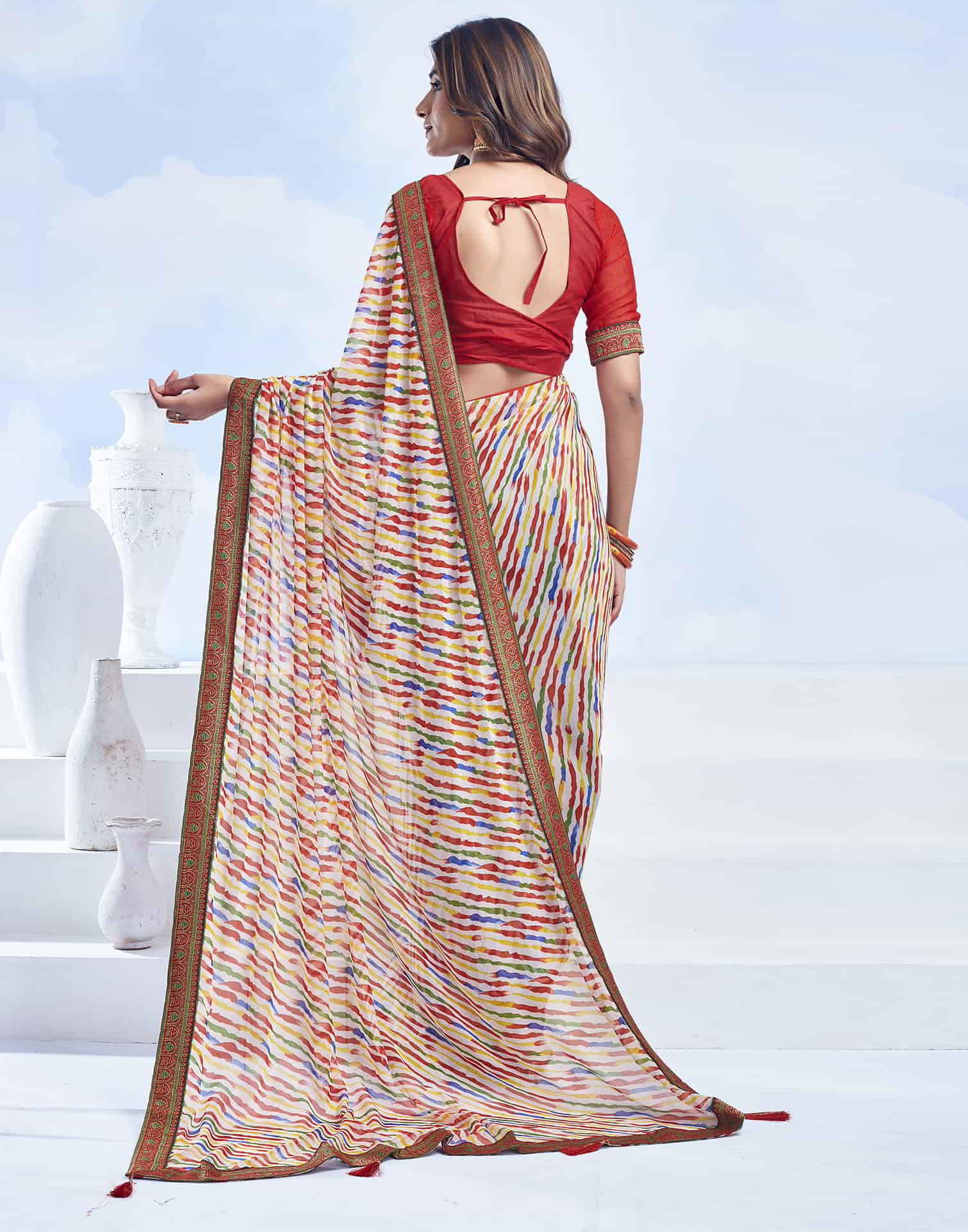 Cream Printed Chiffon Leheriya Saree