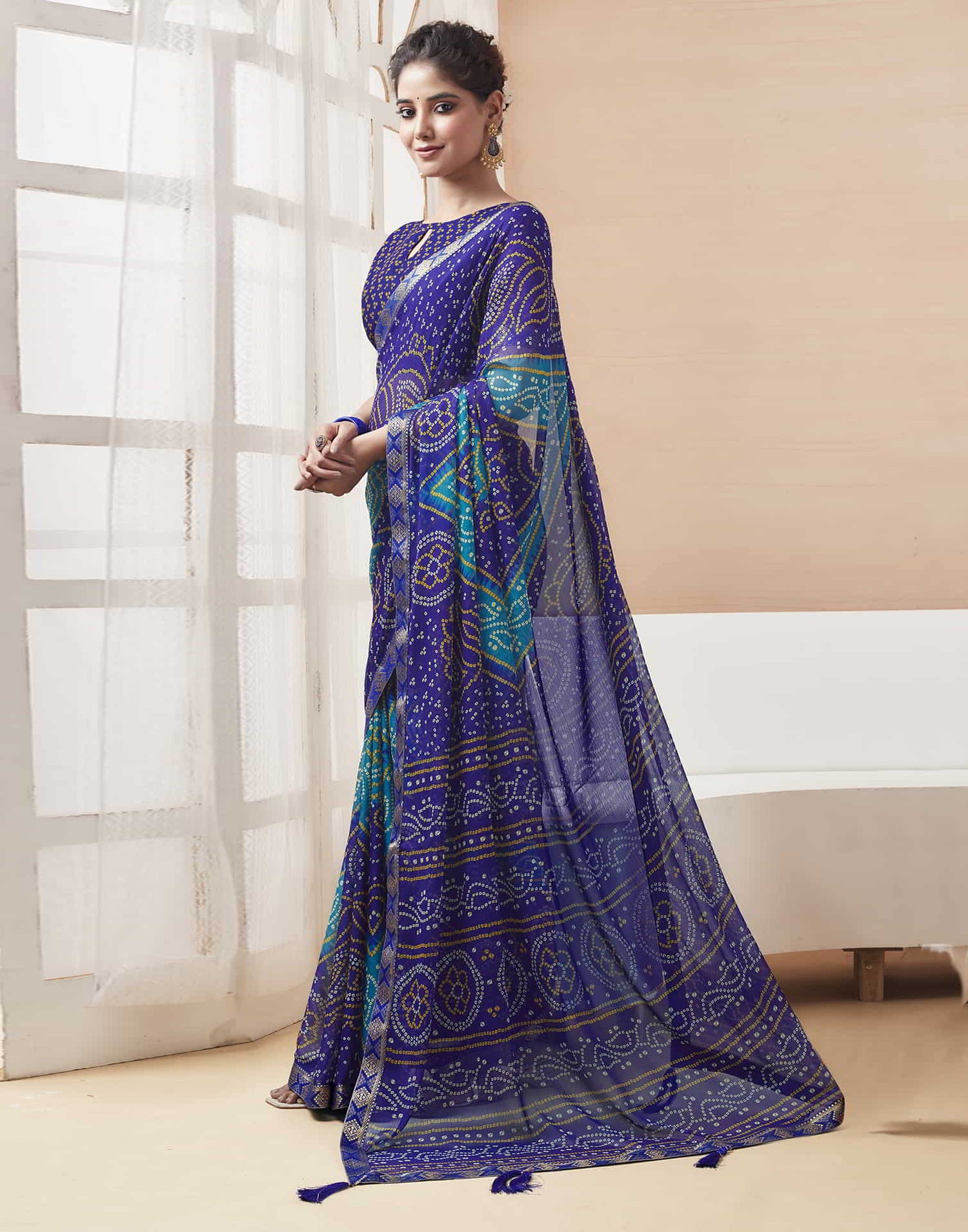 Blue Bandhani Chiffon Saree