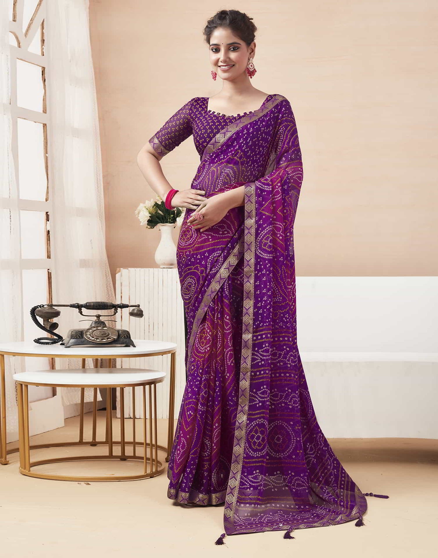 Purple Bandhani Chiffon Saree