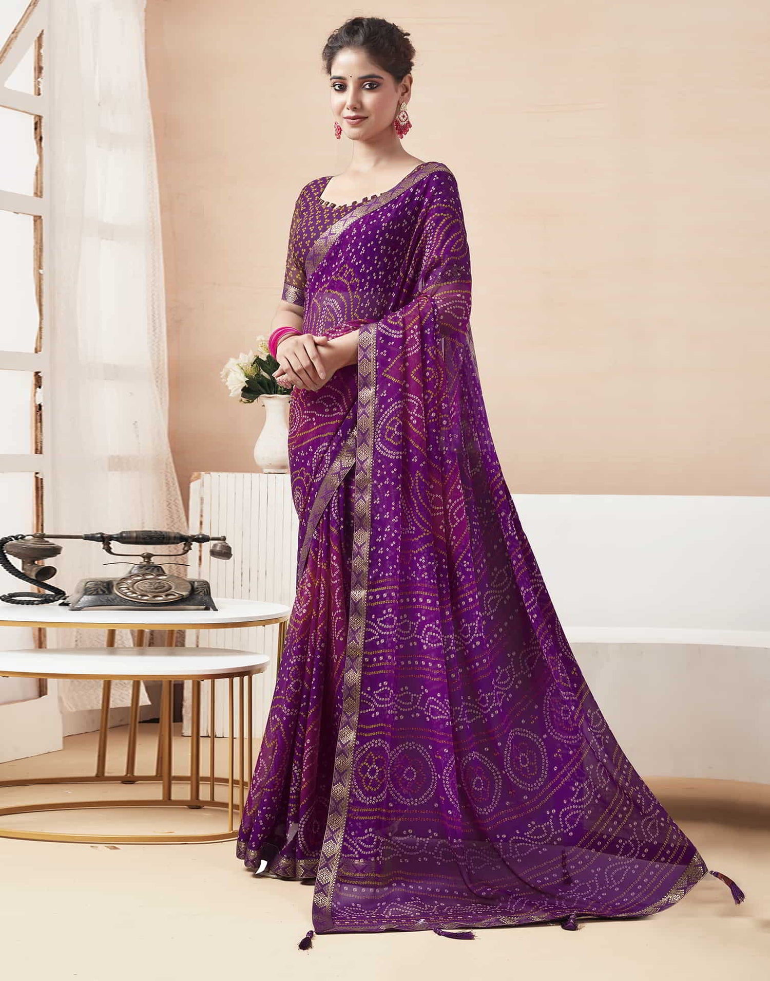 Purple Bandhani Chiffon Saree