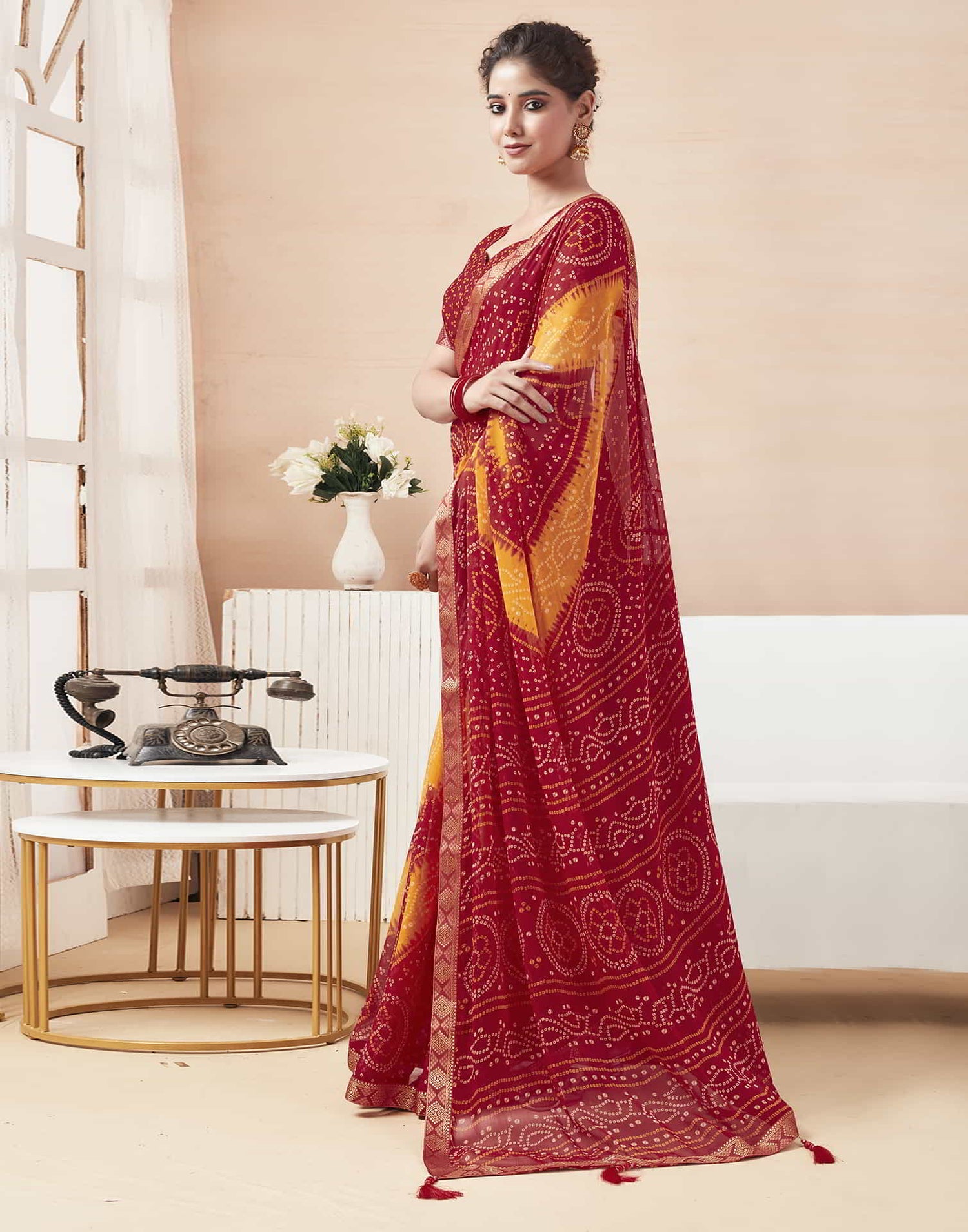 Red Bandhani Chiffon Saree